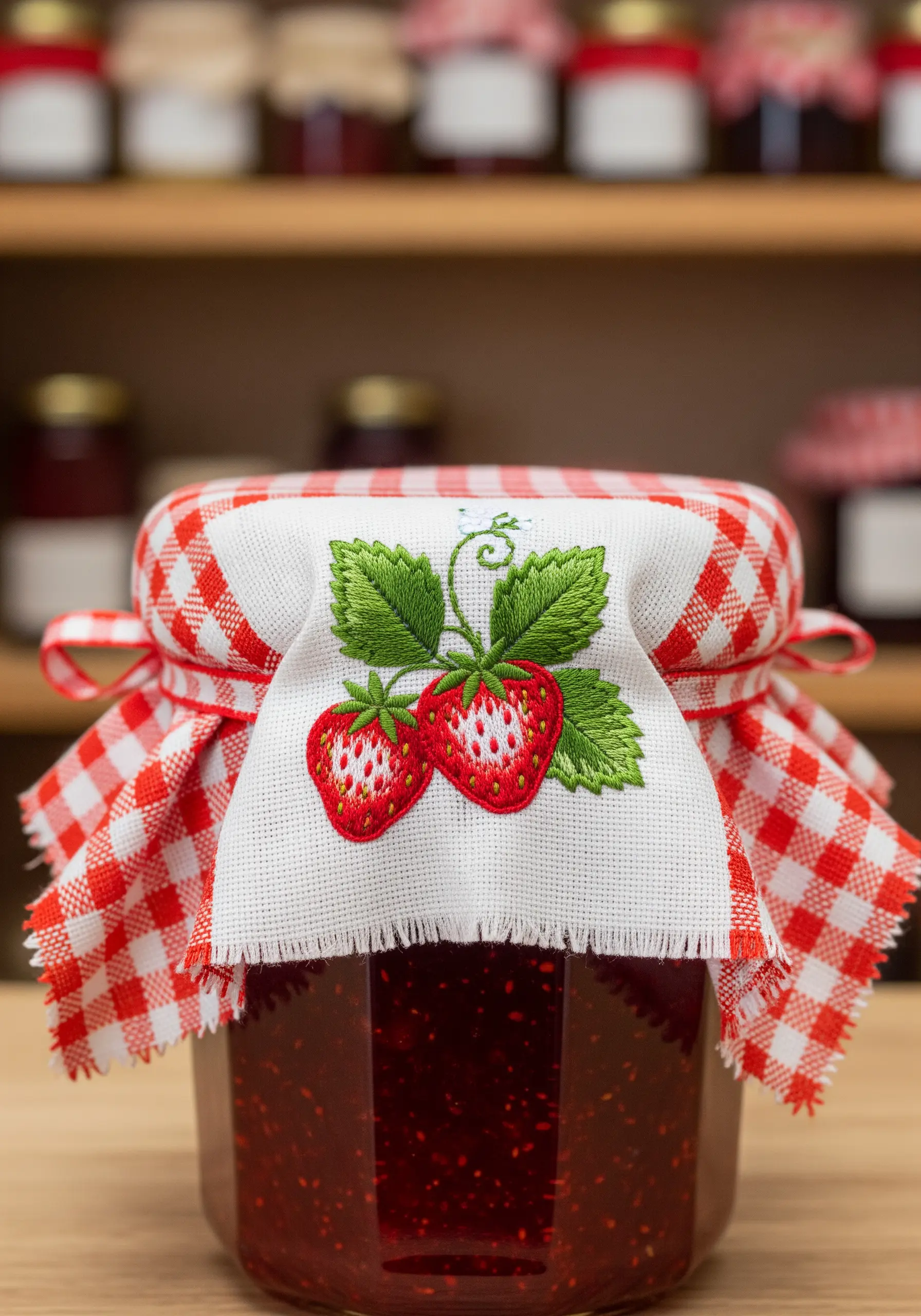 Strawberry embroidery on red gingham jar cover