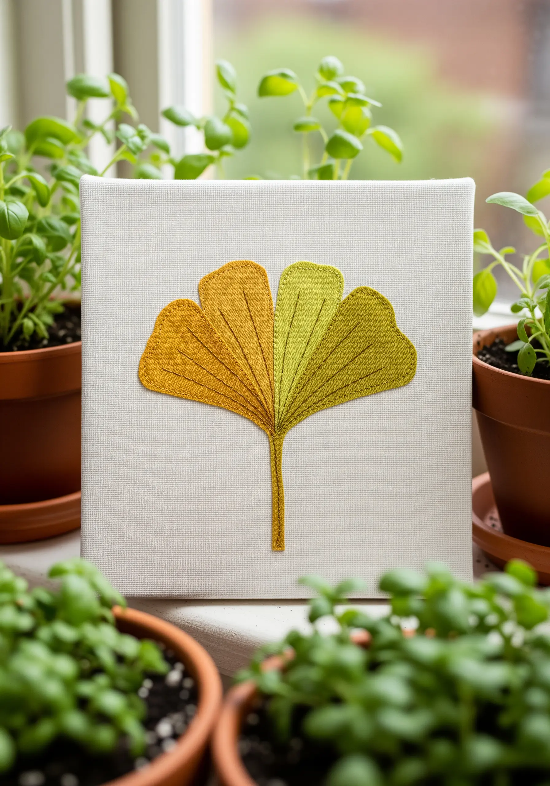 A ginkgo leaf appliqué filled with a smooth gradient of yellow-to-green thread painting.