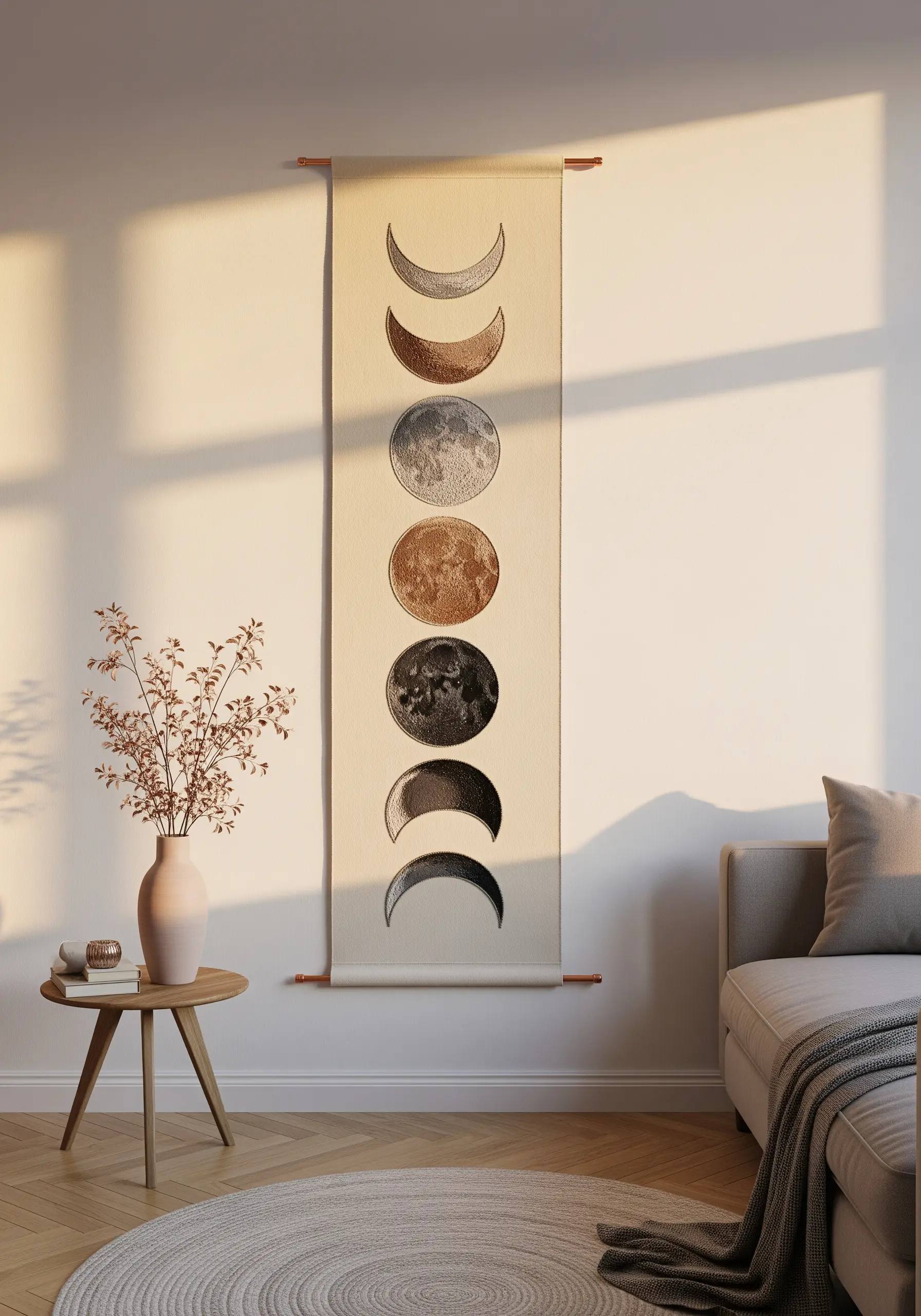 Moon phase embroidery on a long wall hanging, with varied textures for each phase.