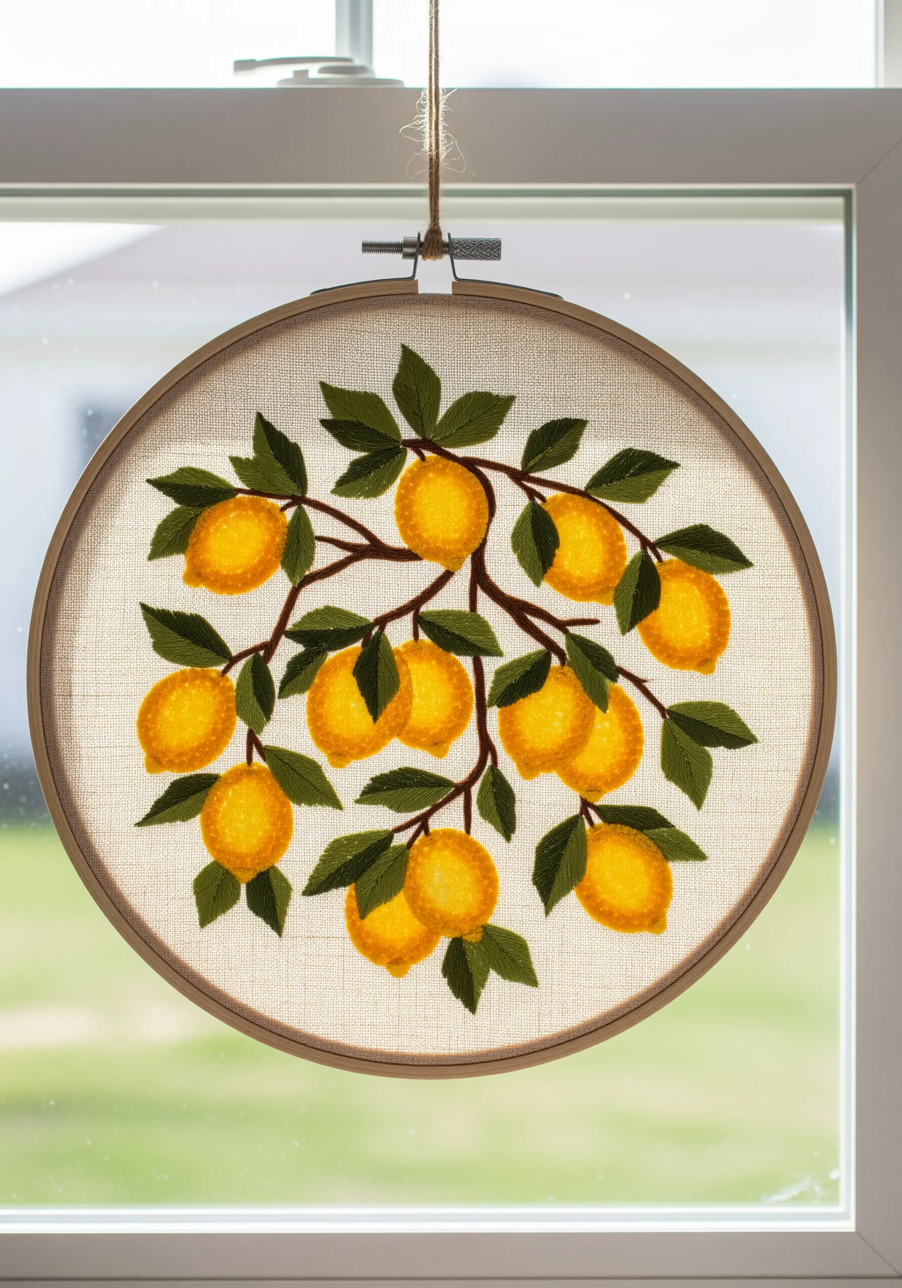 Embroidered lemon branches with textured yellow fruit and dark green leaves.