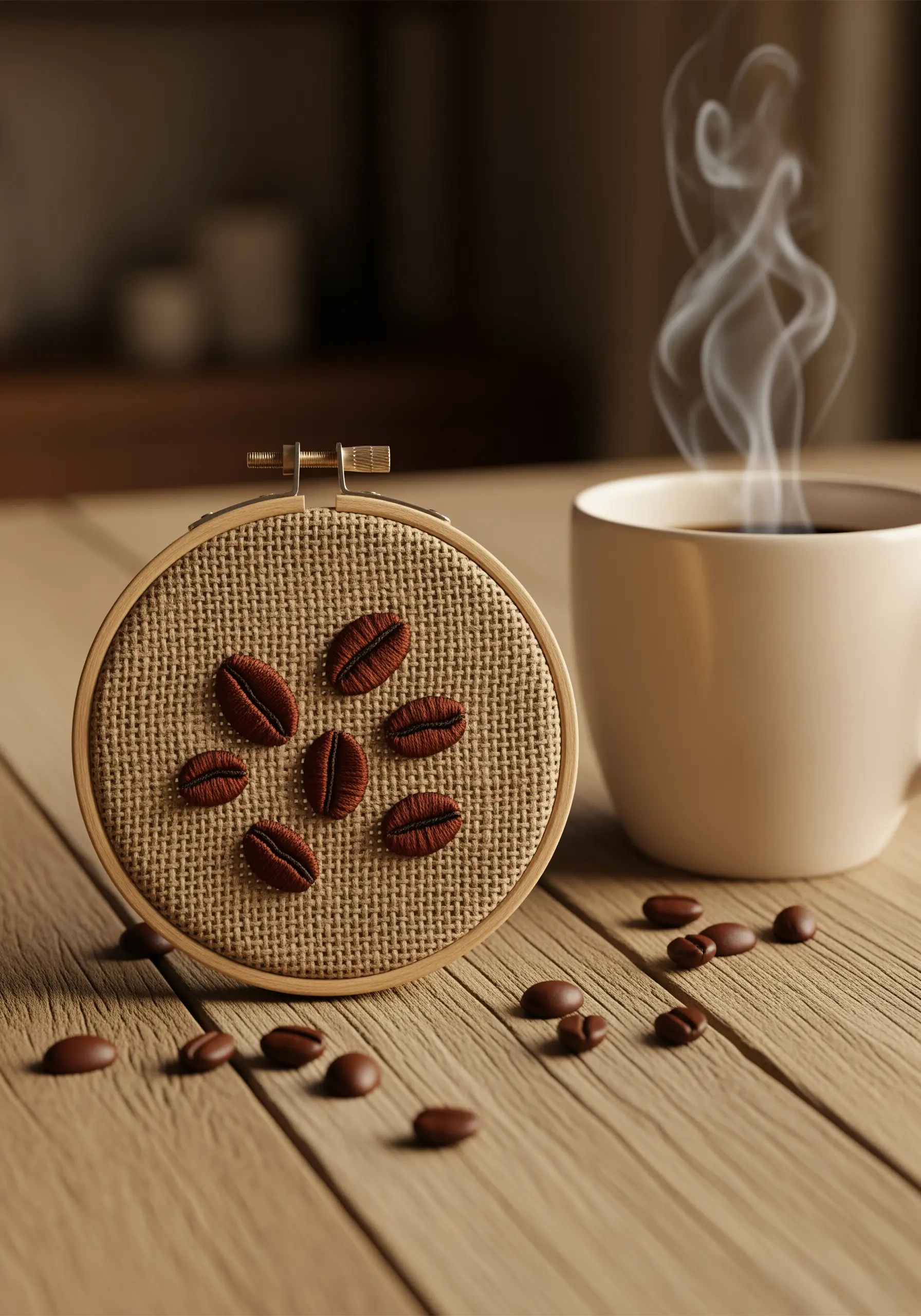 Plump, 3D embroidered coffee beans on a burlap-textured fabric in a small hoop.