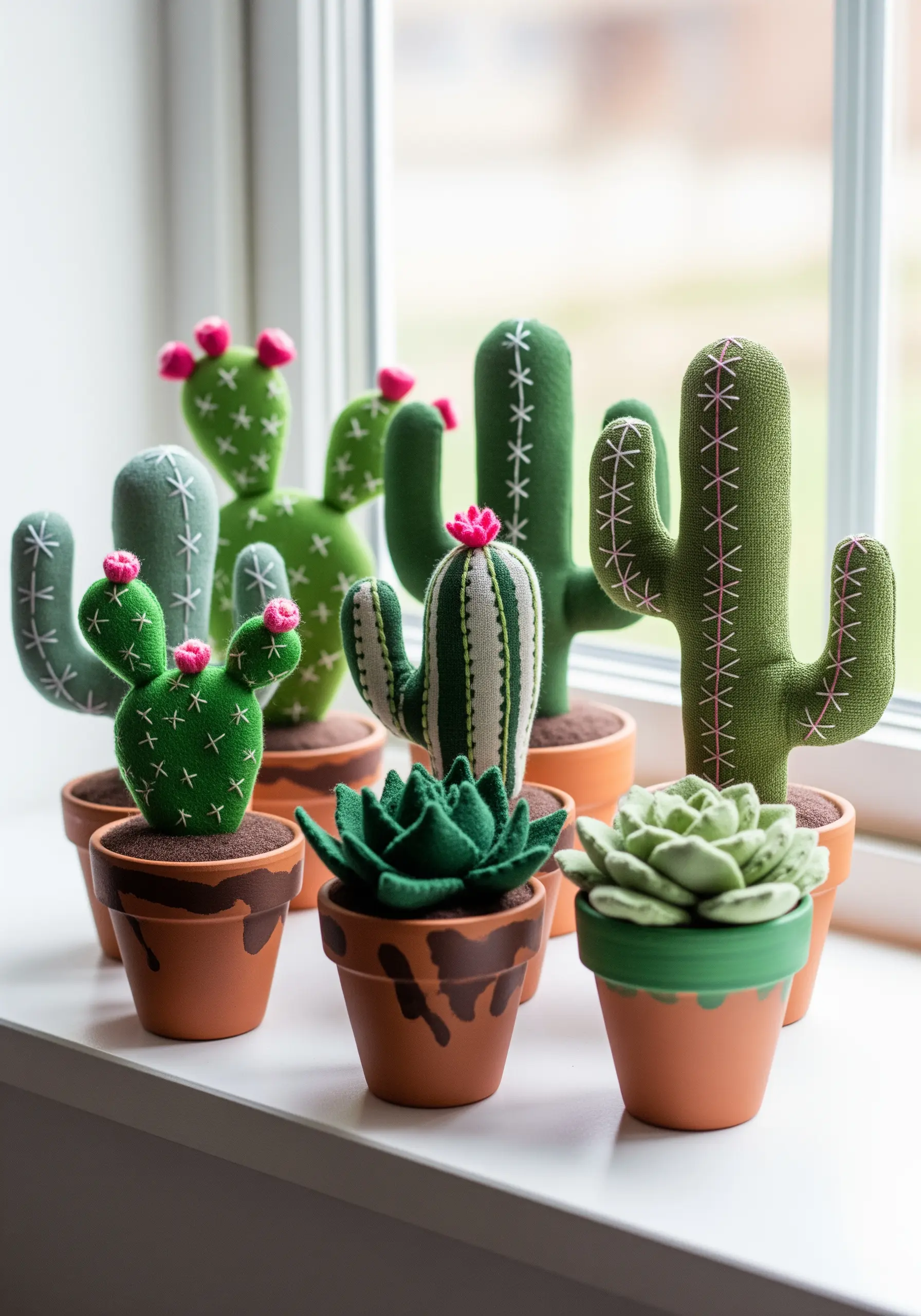 A collection of small, potted cacti made from green felt with simple pink and white embroidered details.