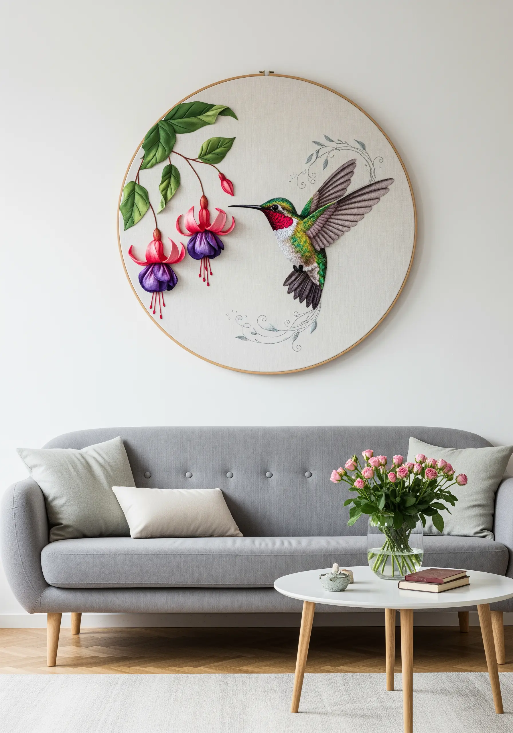 Large hoop art with a thread-painted hummingbird and 3D fuchsia flowers
