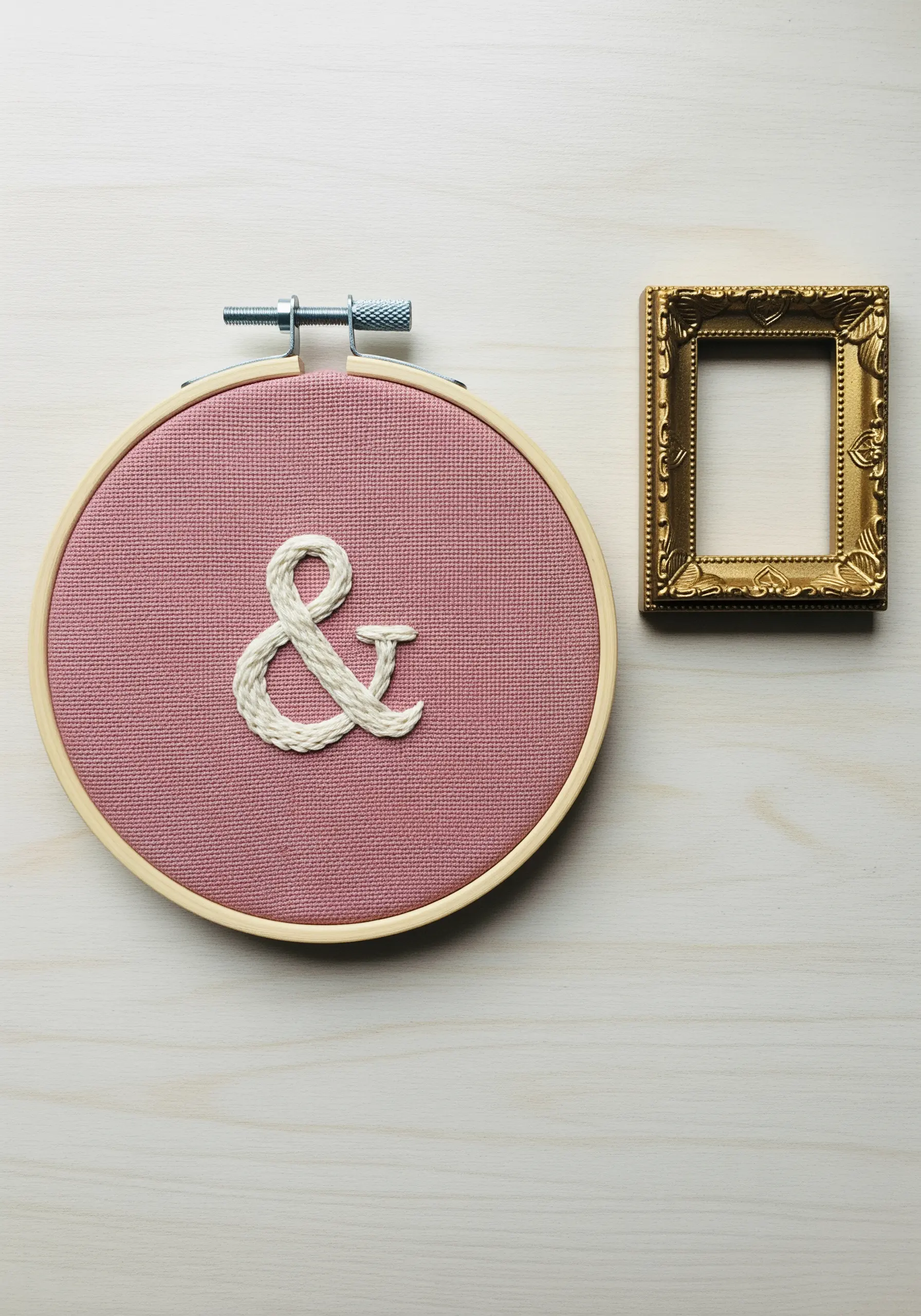 An ampersand symbol embroidered with a raised white stitch on pink fabric.
