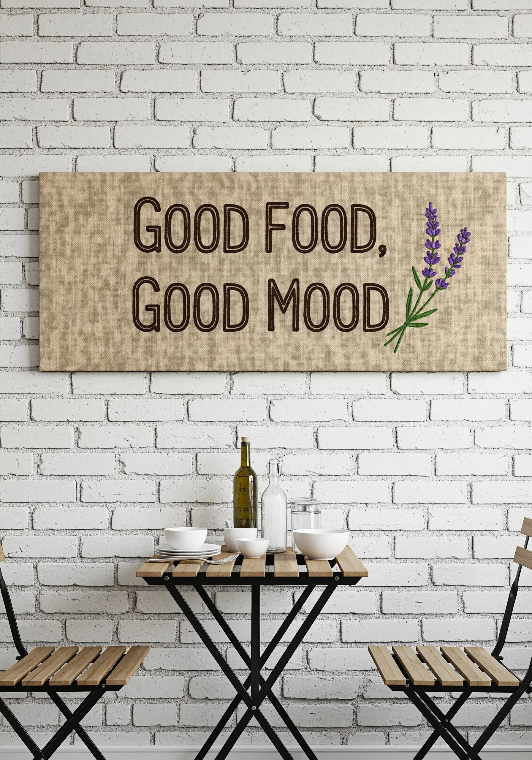 Embroidered canvas sign with the quote 'Good Food, Good Mood' and a lavender sprig.