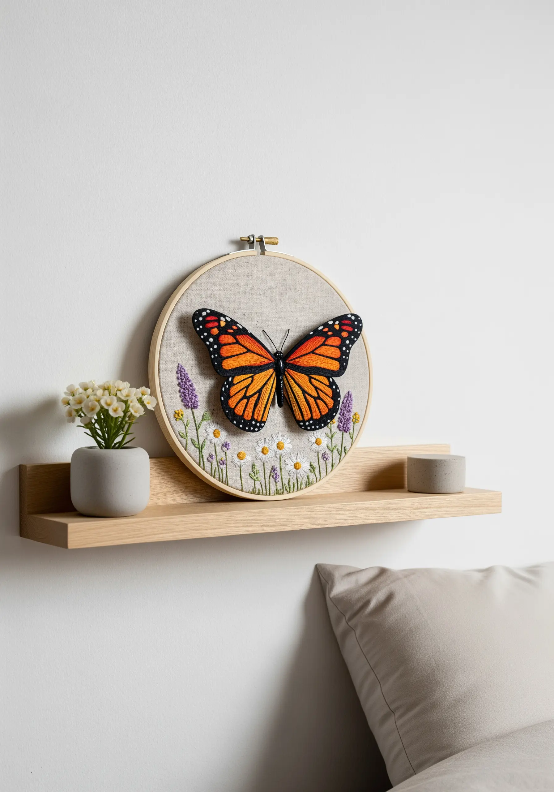 A stumpwork monarch butterfly with raised wings embroidered in a hoop with wildflowers.