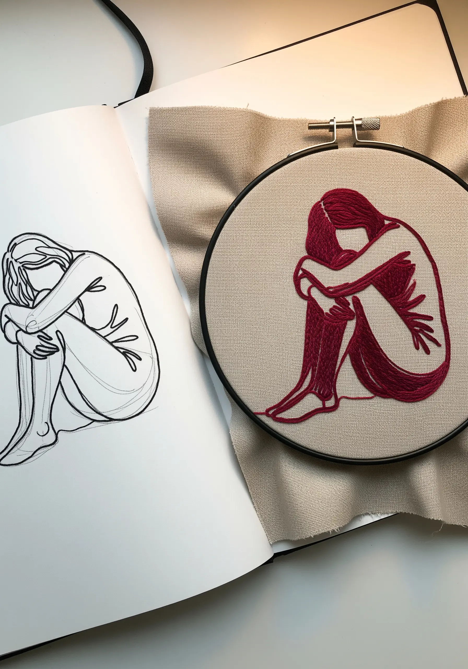 A sketch of a person curled up next to the finished red thread embroidery.