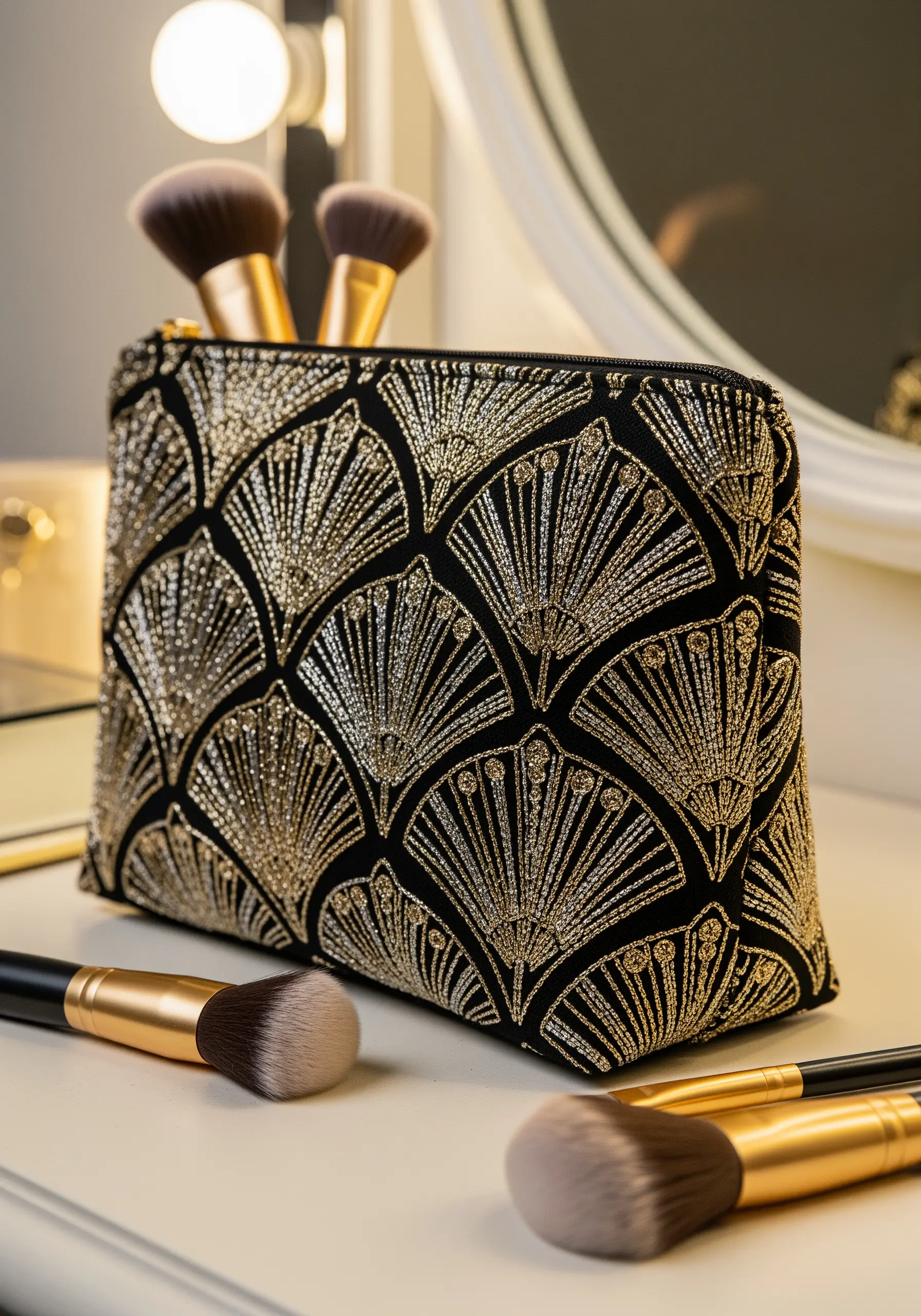 A black makeup bag with a glamorous Art Deco fan pattern embroidered in gold and silver metallic thread.