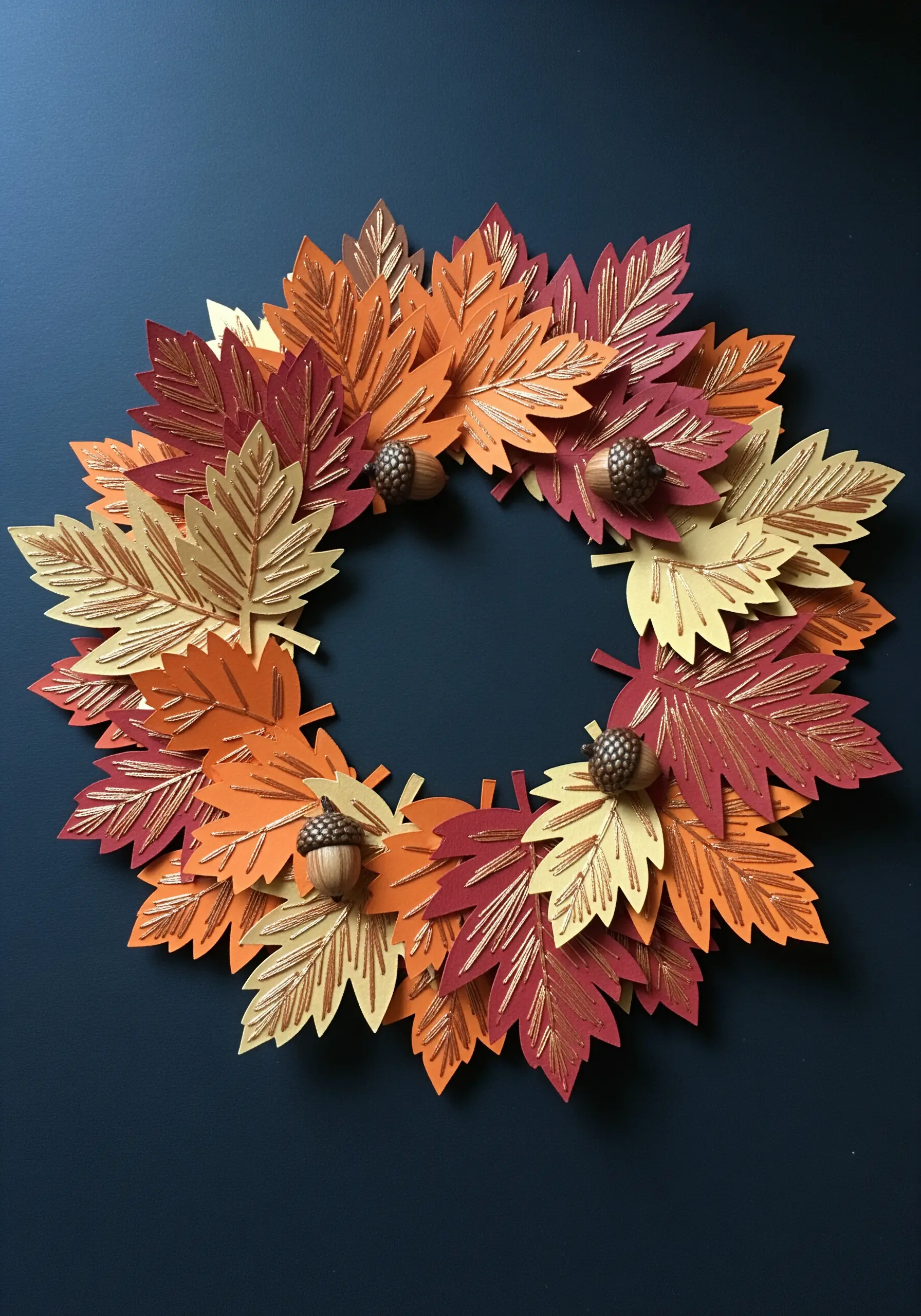 A wreath made of paper leaves in autumn colors with gold glitter veins.