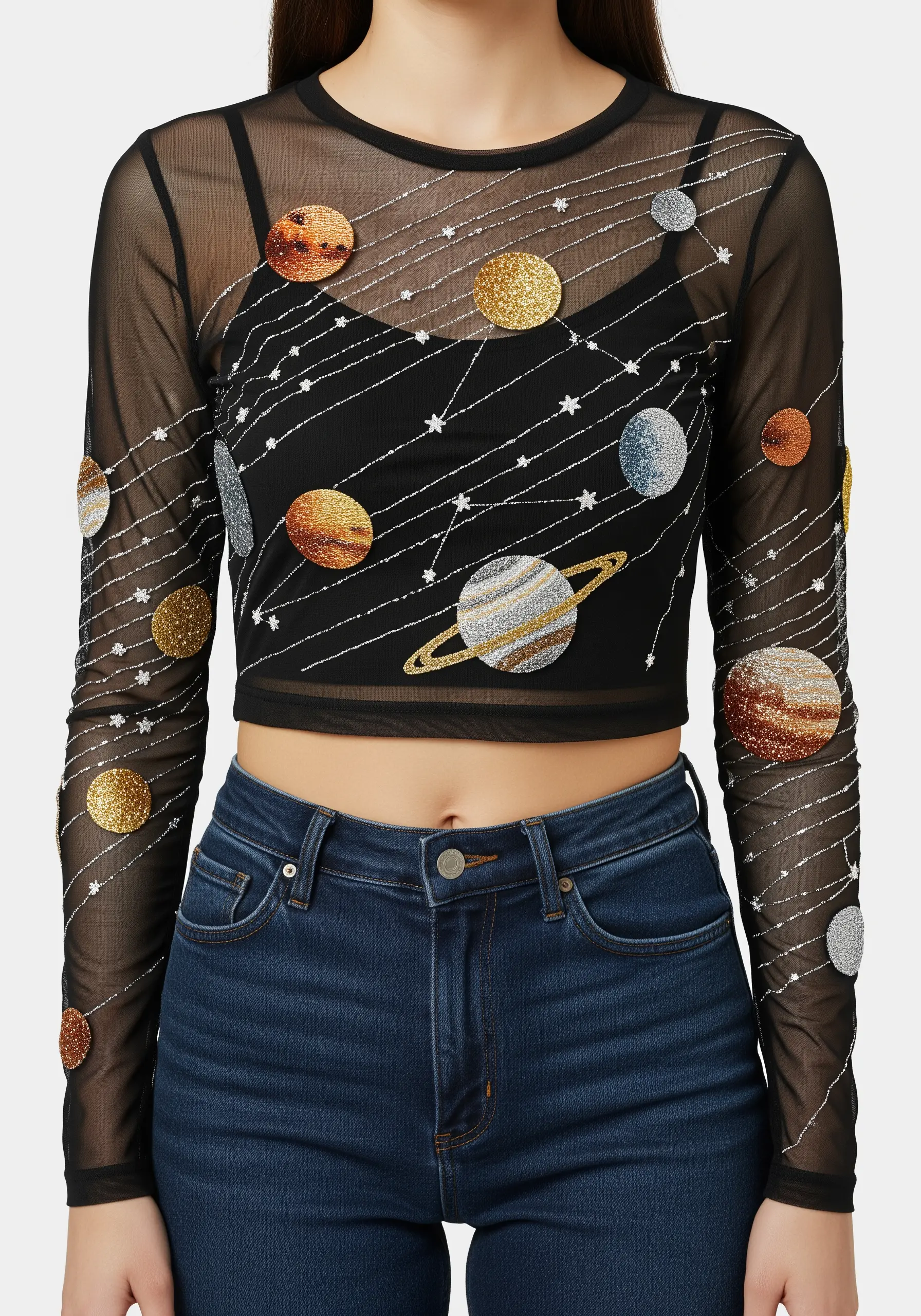 A solar system with multi-color glitter planets on a black long-sleeve mesh top.
