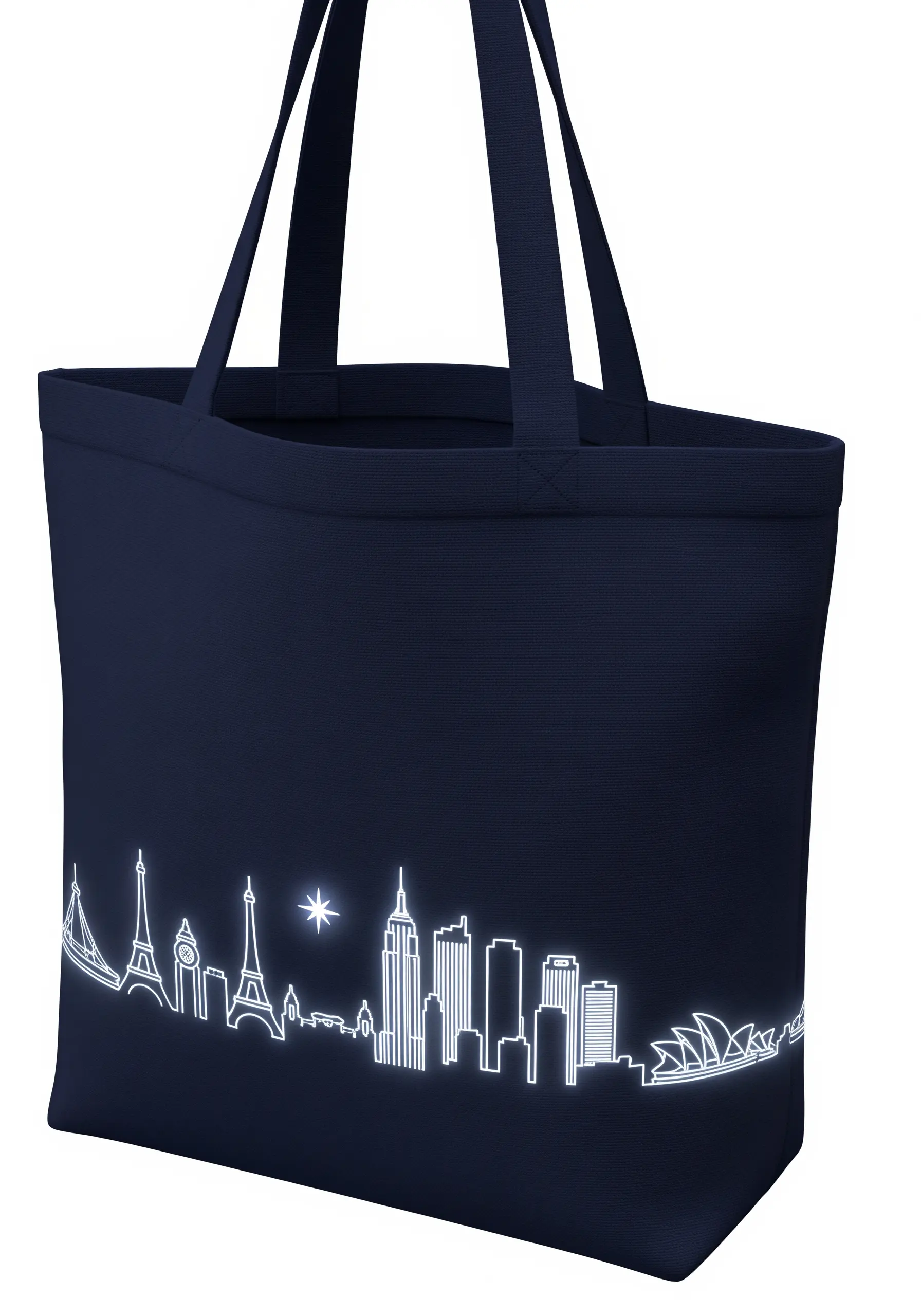 A minimalist, glowing outline of a city skyline embroidered on a dark blue tote bag.