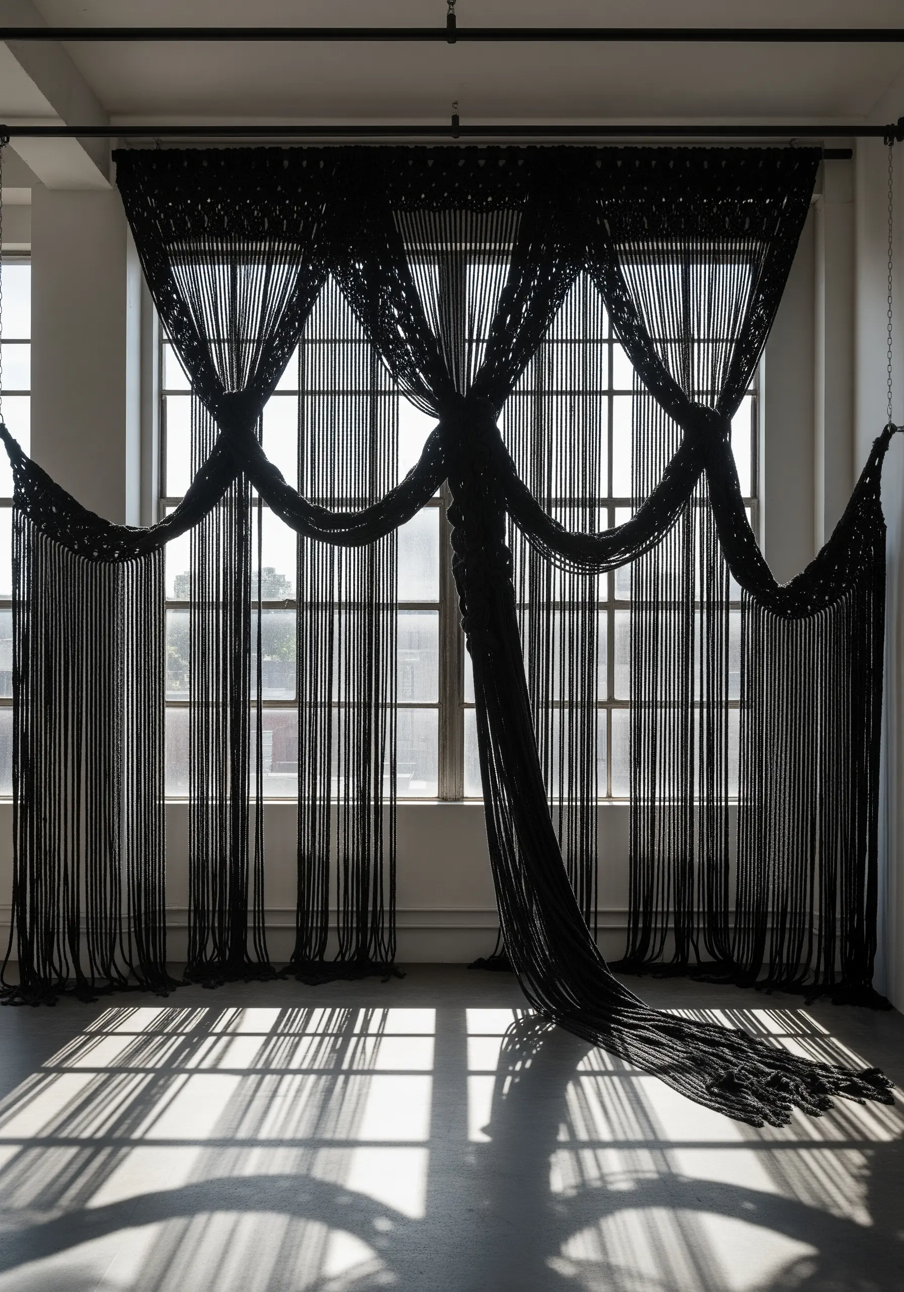 A massive black macrame installation draped across a large industrial window.