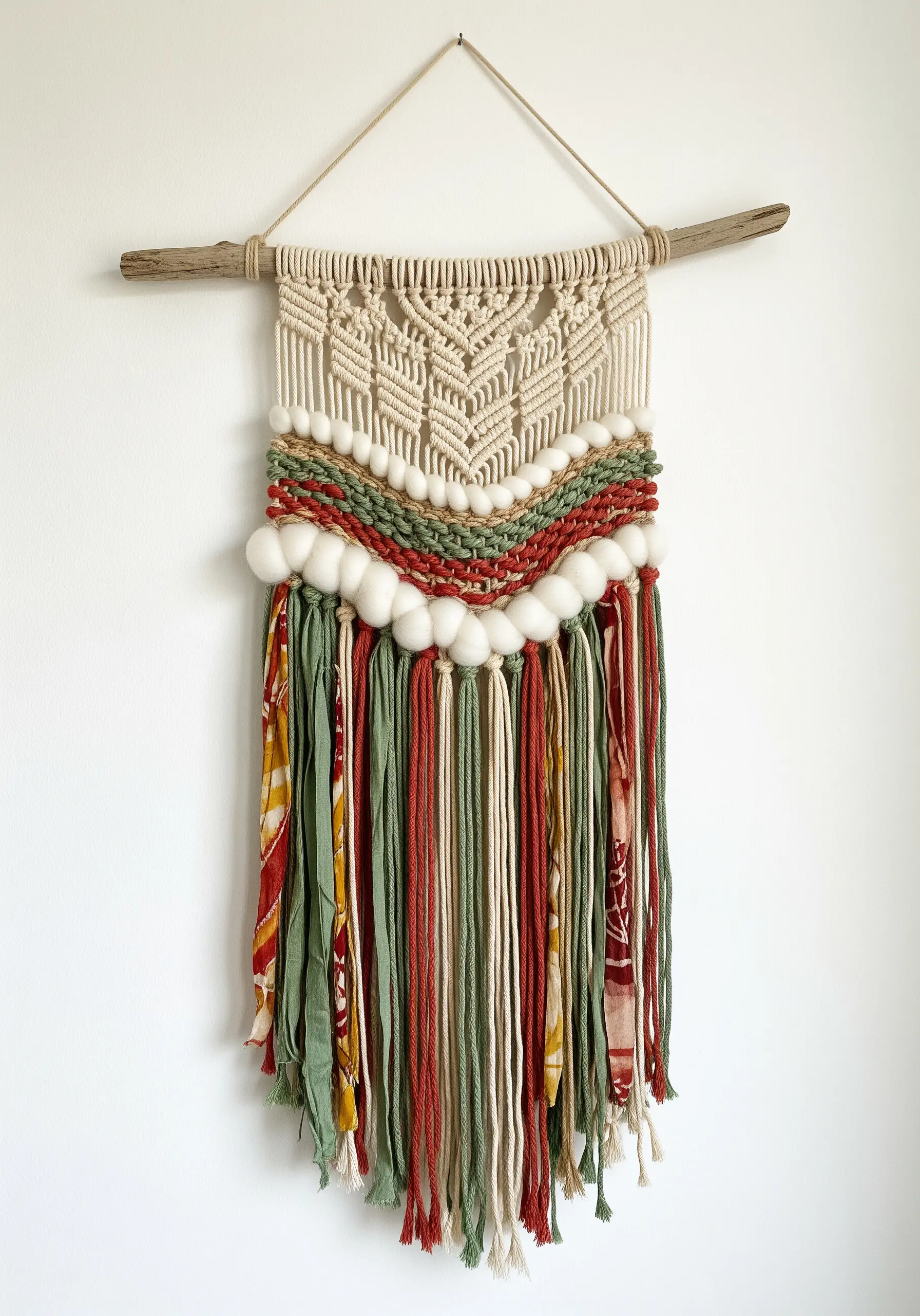 Macrame wall hanging on driftwood, incorporating green and red fabric strips and white pom-poms.