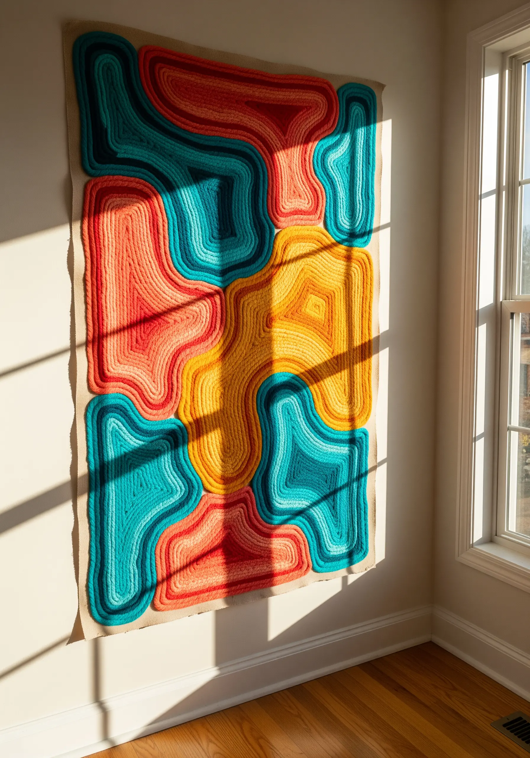 A large, abstract wall hanging made with thick, colorful yarn in flowing, organic shapes.