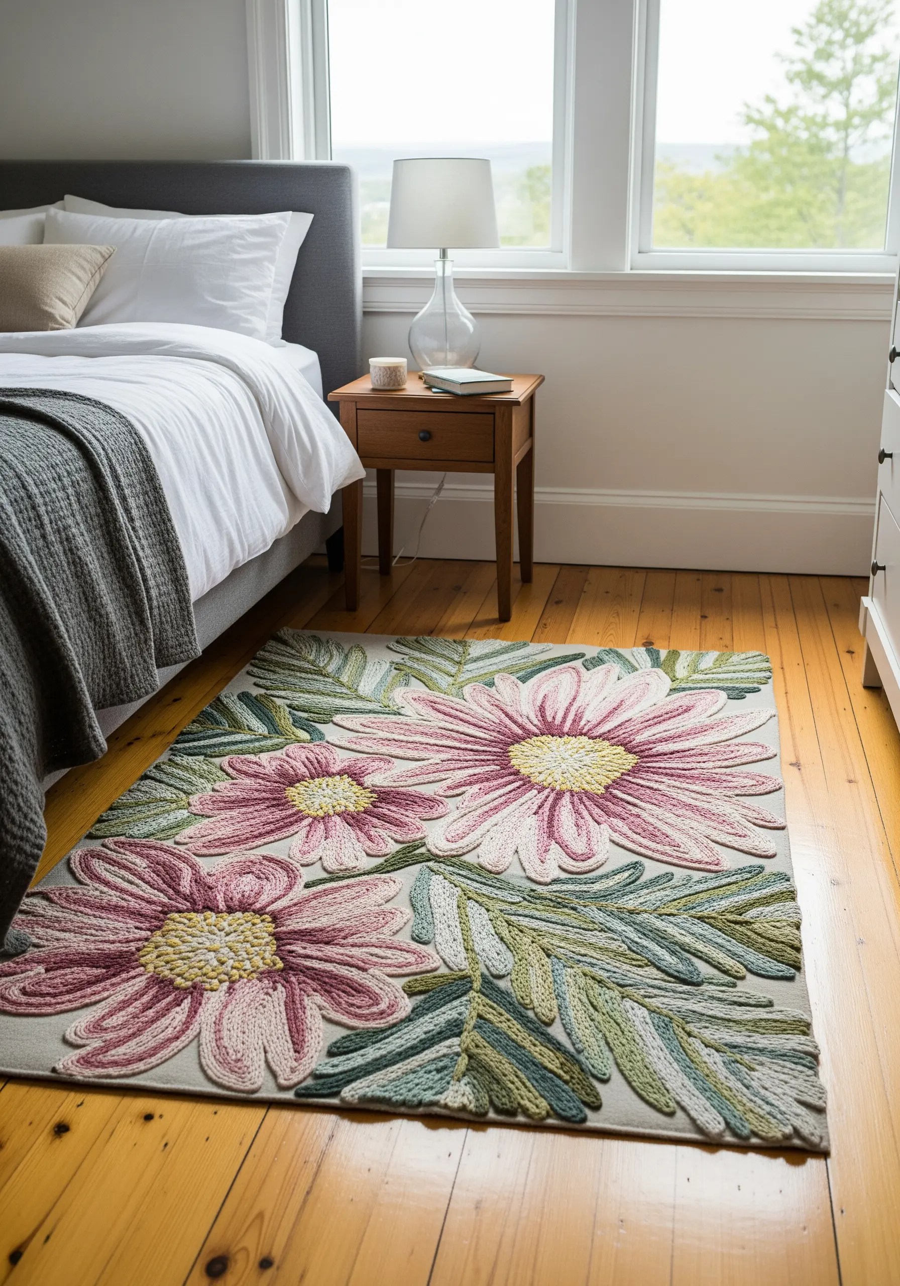 A floral rug with large pink daisies created with a high-pile punch needle technique.