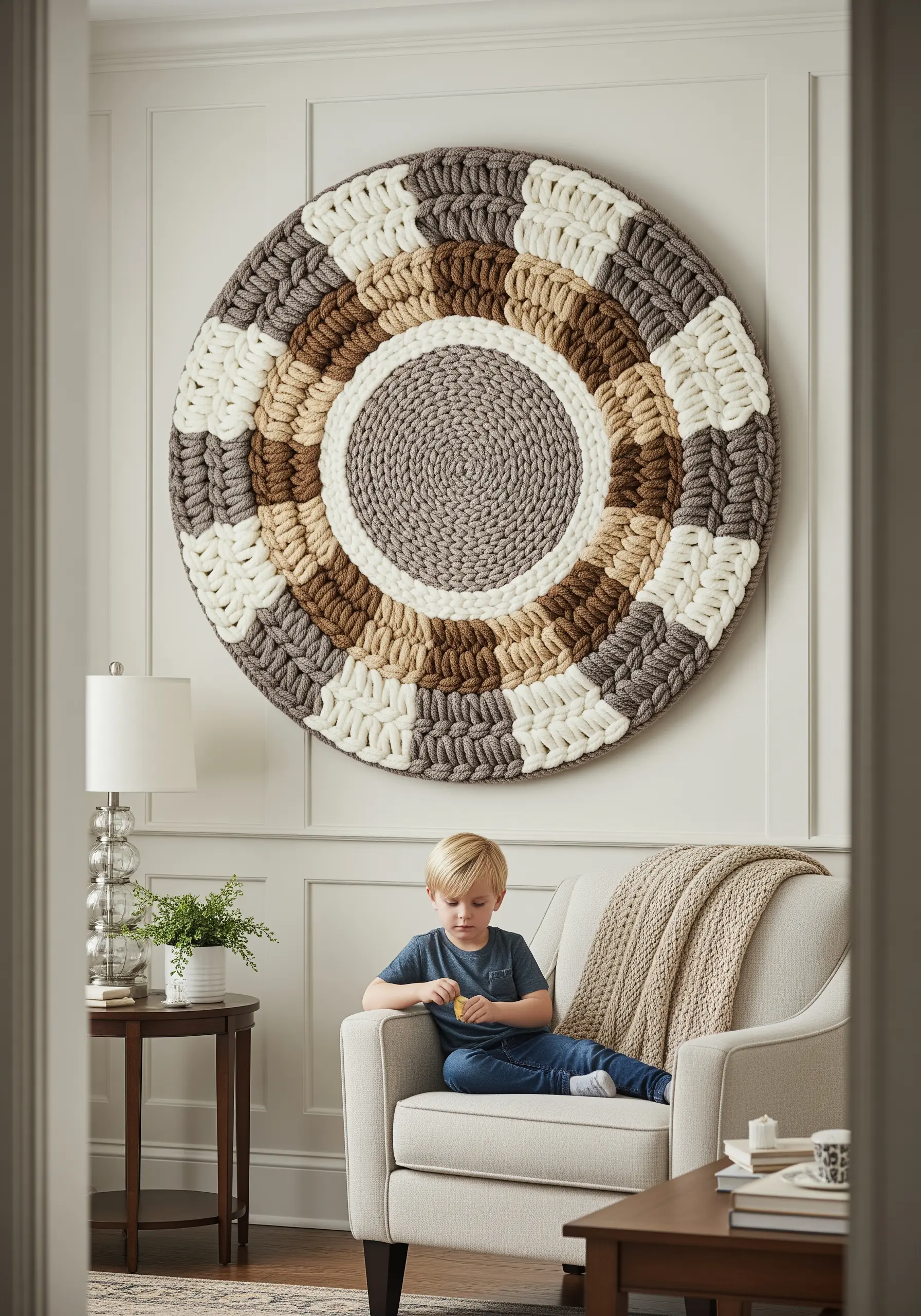 A very large circular wall hanging made from chunky, braided yarn in neutral tones.