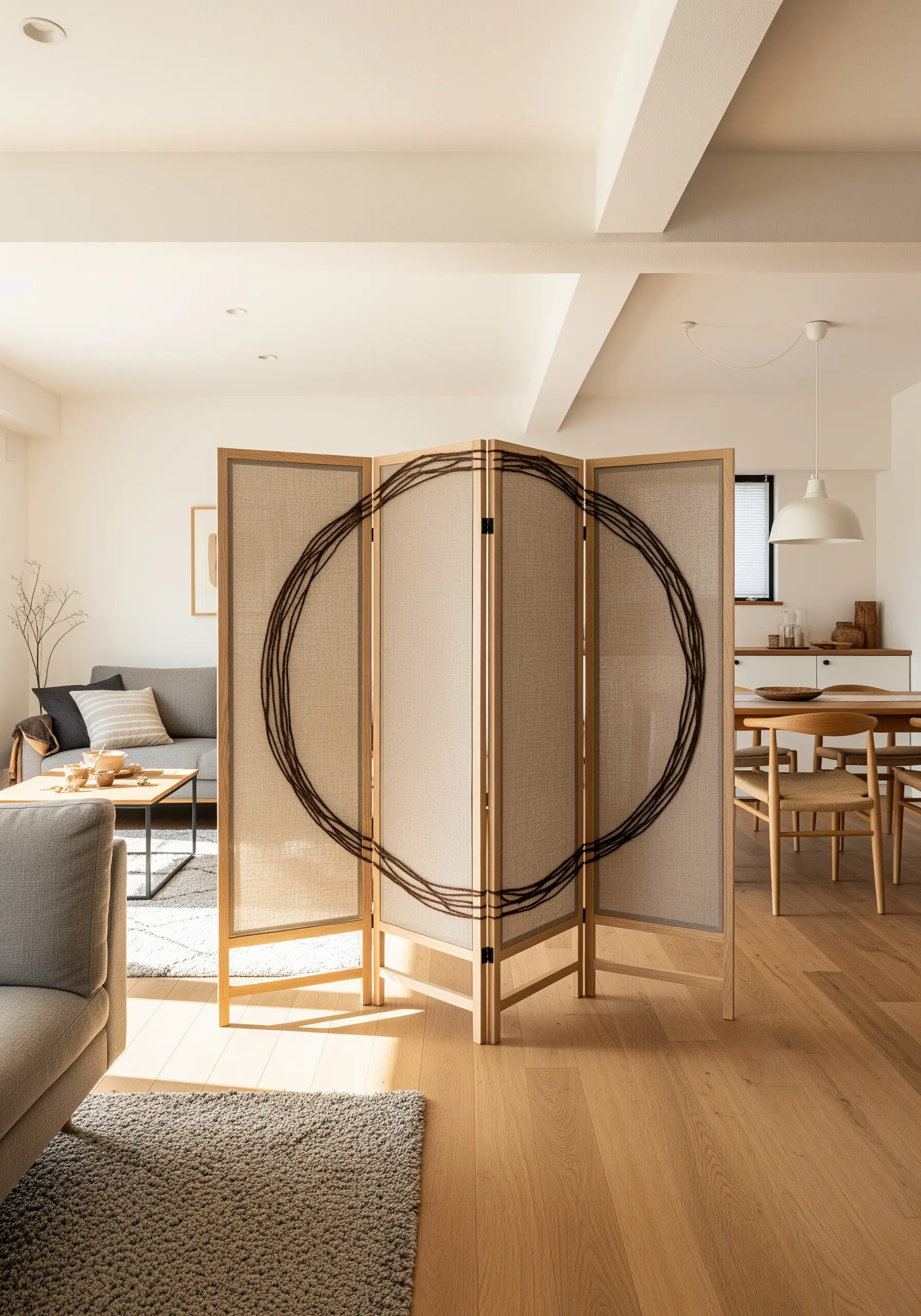 A thick, dark rope couched in a large circular pattern across a linen room divider.