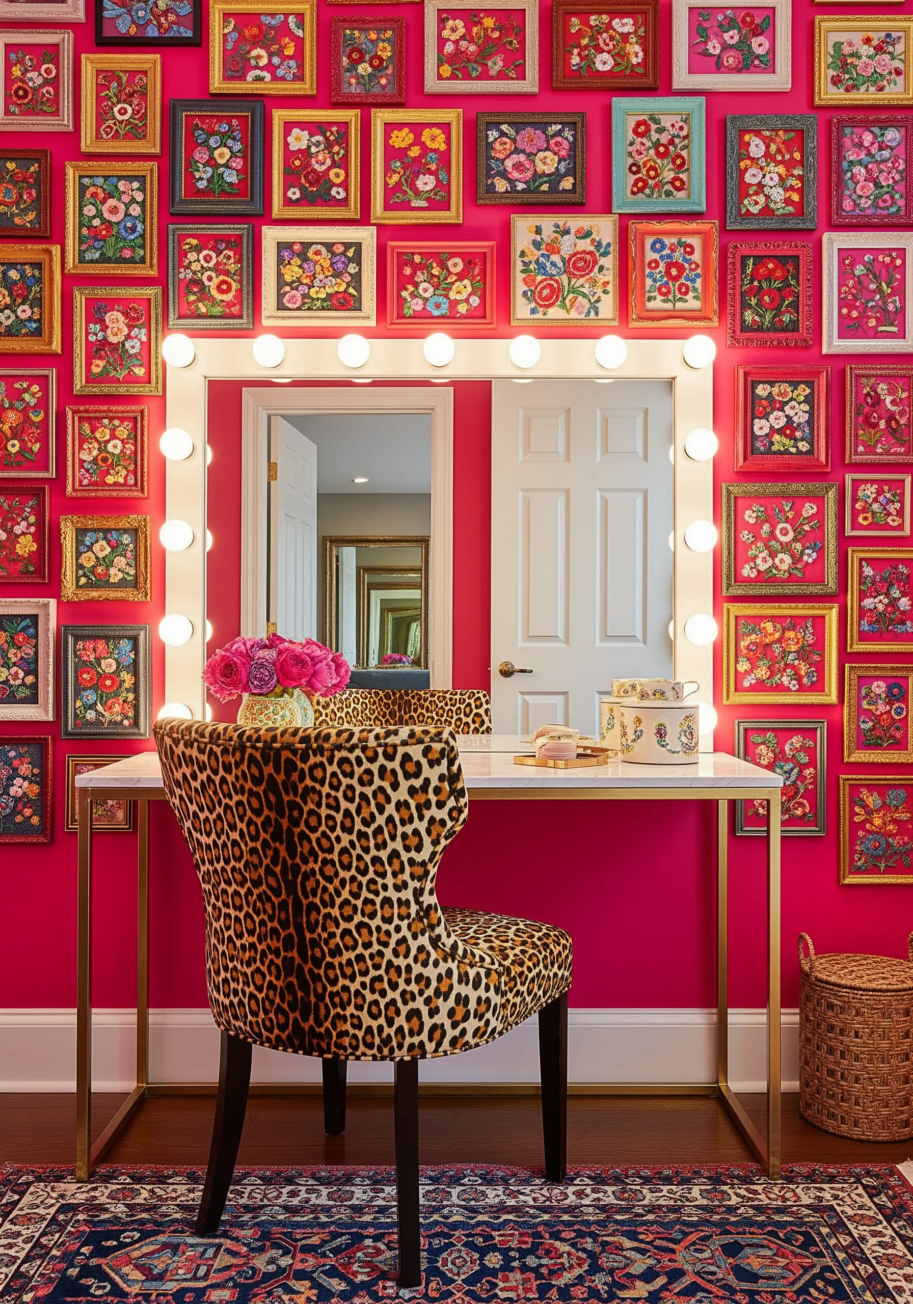 A floor-to-ceiling gallery wall of colorful floral embroideries in multi-colored square frames.