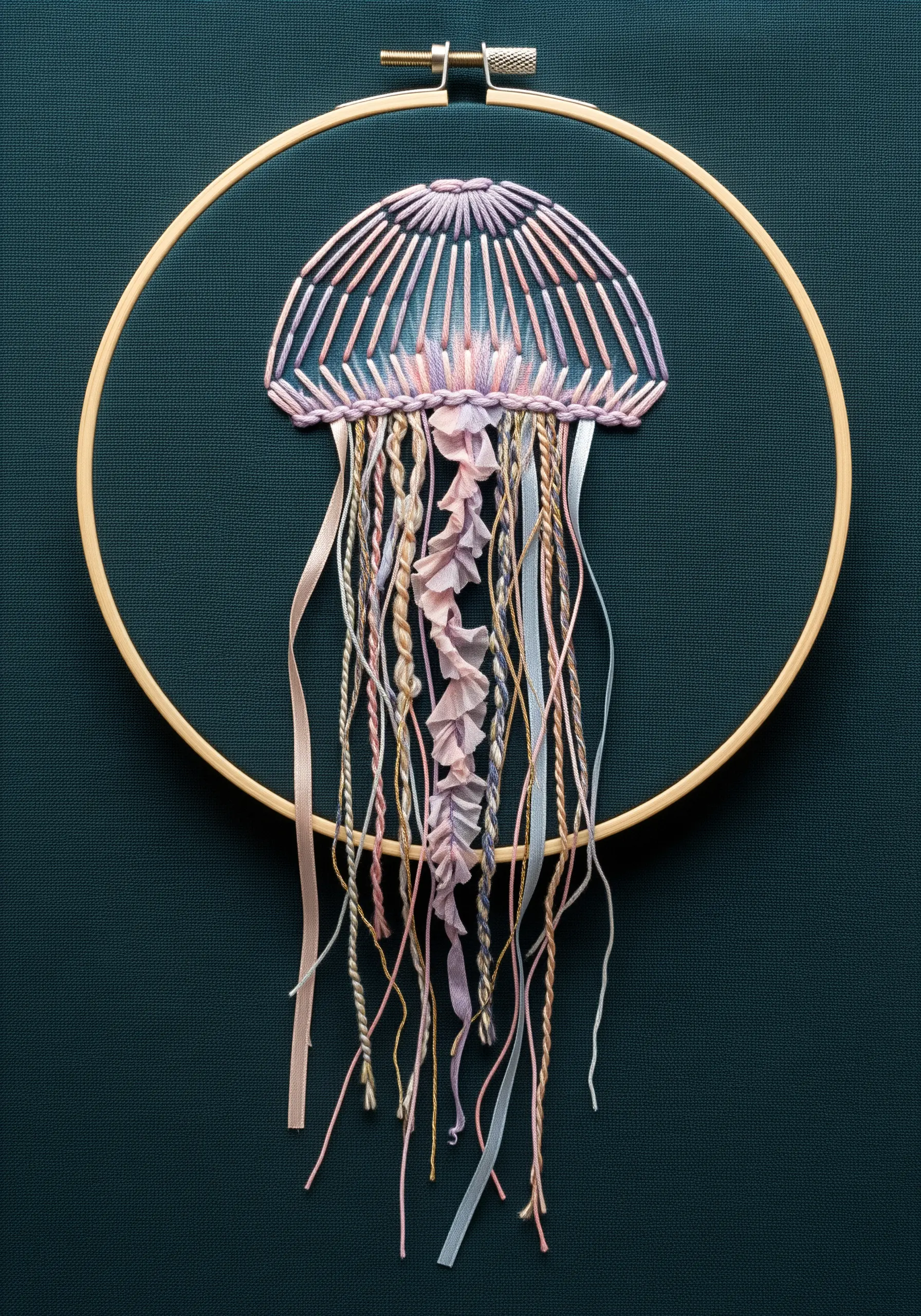 A jellyfish embroidery with tentacles made from freely hanging ribbons, yarns, and threads.