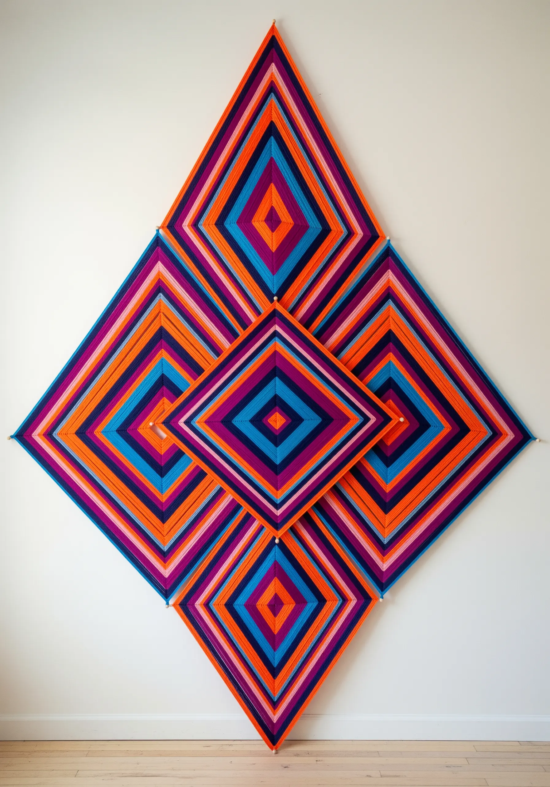 A large, colorful God's Eye woven mandala with geometric diamond patterns in orange, blue, and purple.