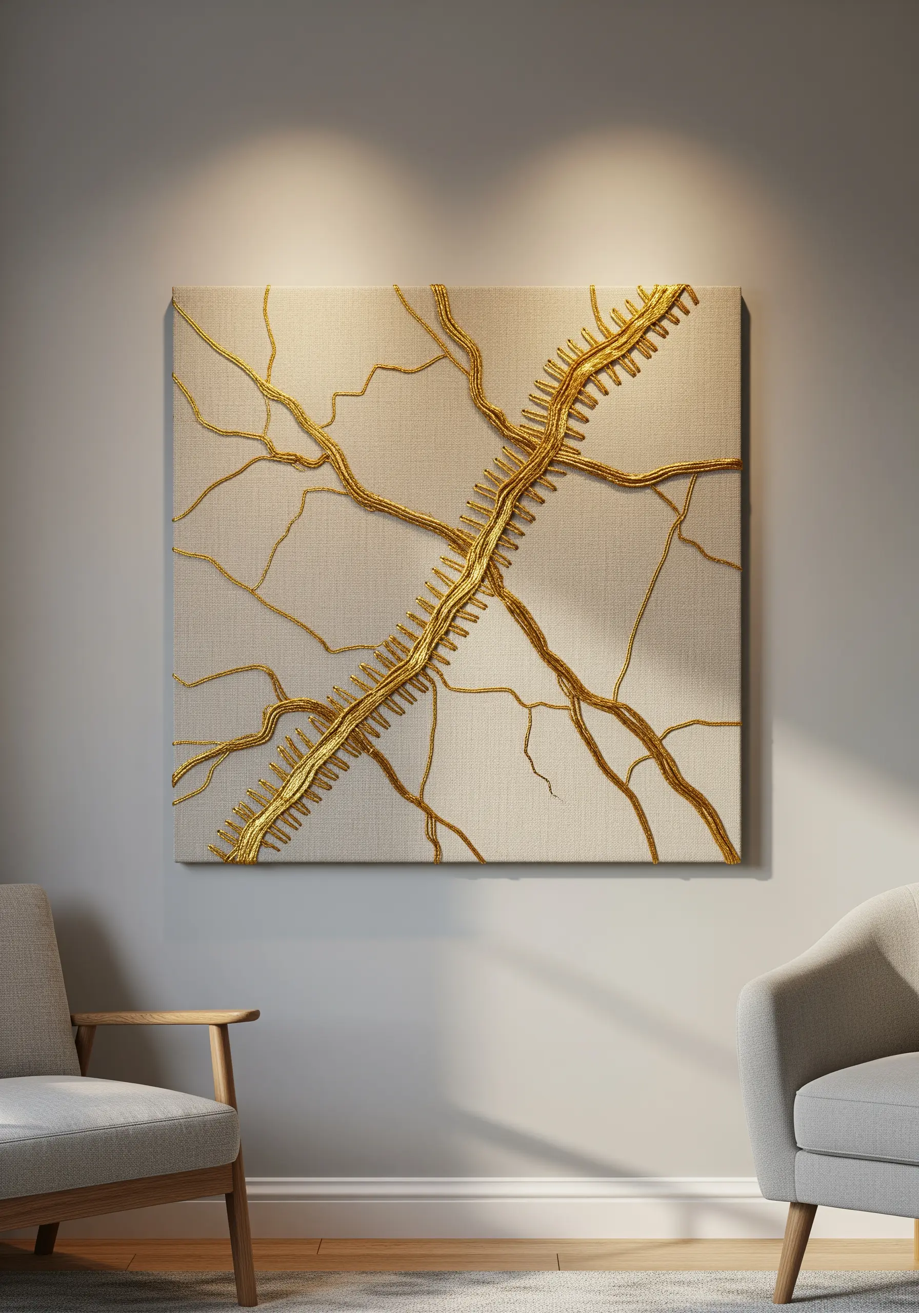 Abstract gold thread embroidery on neutral canvas resembling Japanese Kintsugi.