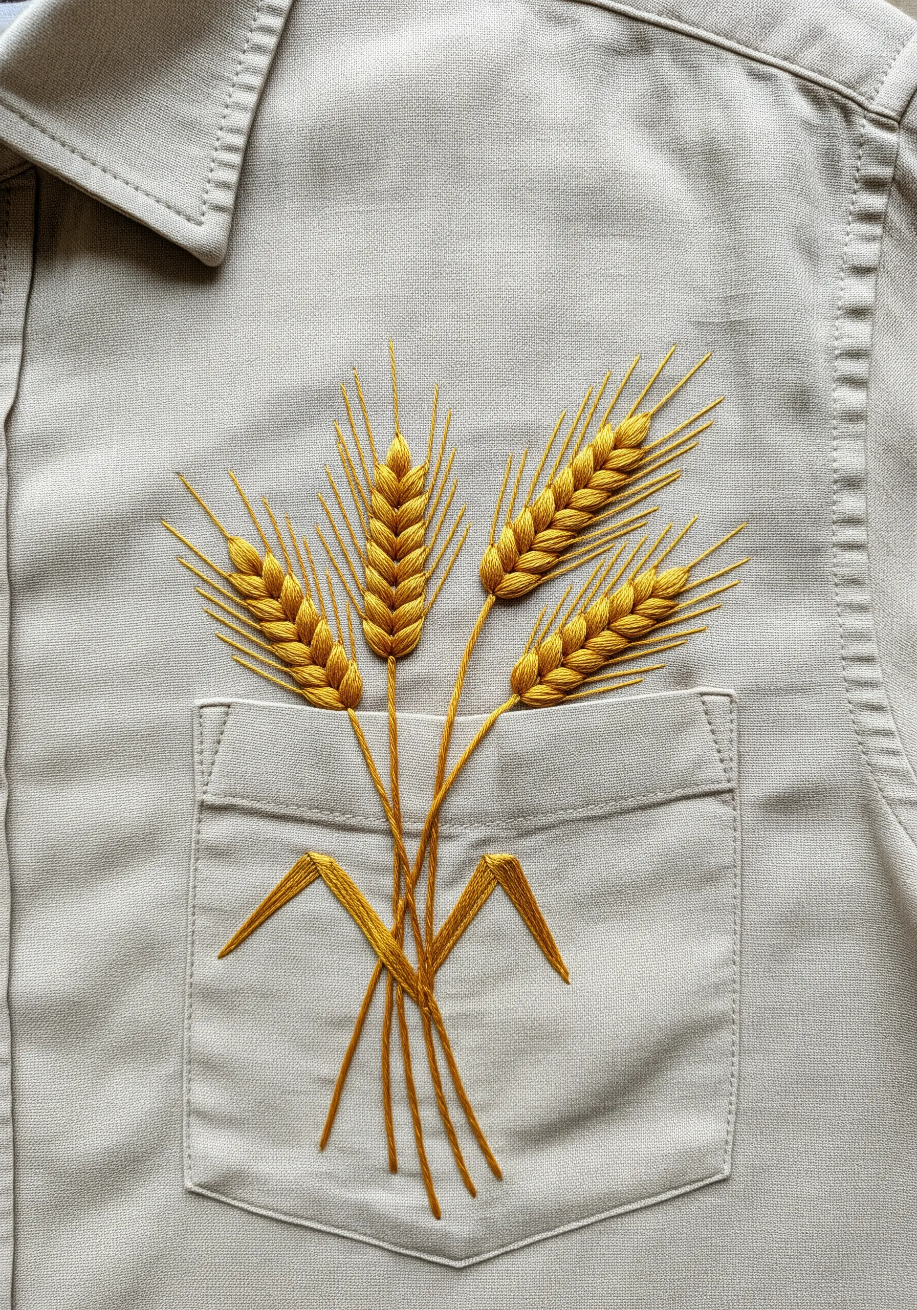 A cluster of golden wheat stalks embroidered as if tucked into a beige shirt pocket.