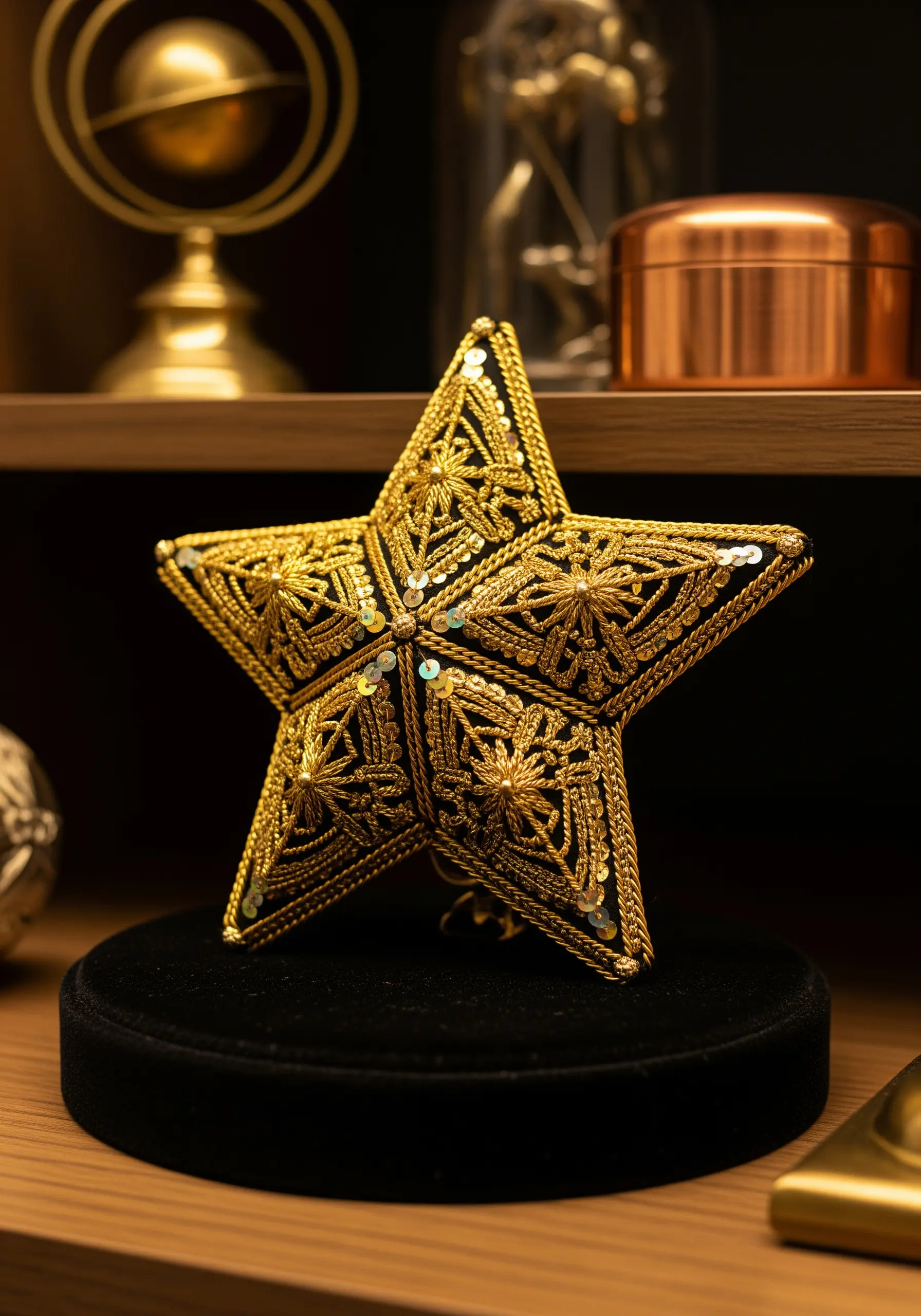 Gold embroidered star ornament on black velvet stand