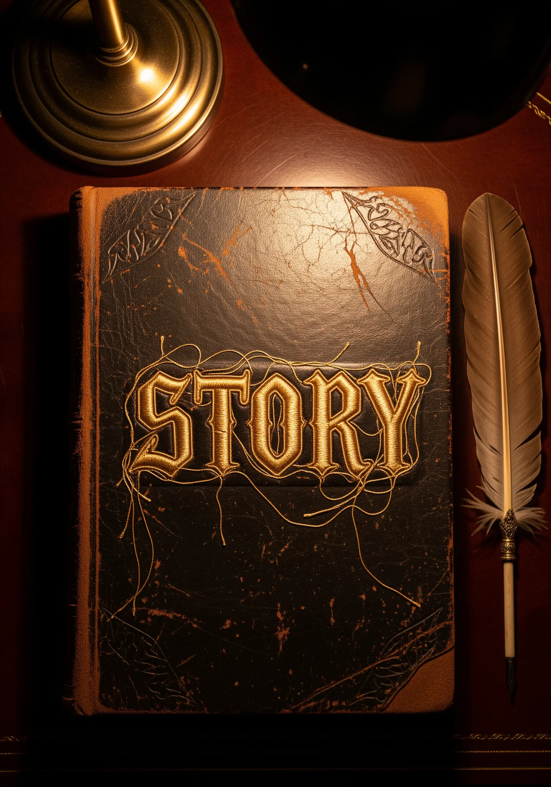 Gold embroidery spelling STORY on an old leather book cover