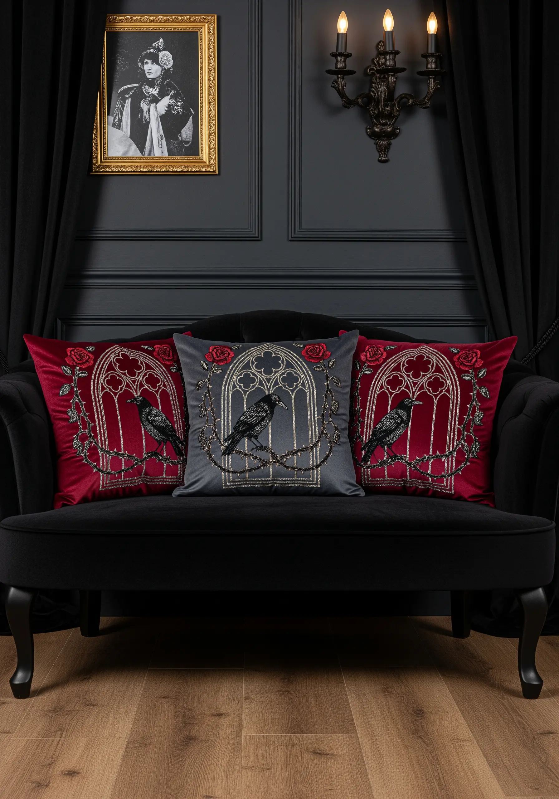 Three cushions in red and grey with gothic embroidery of a raven, roses, and an arched window.