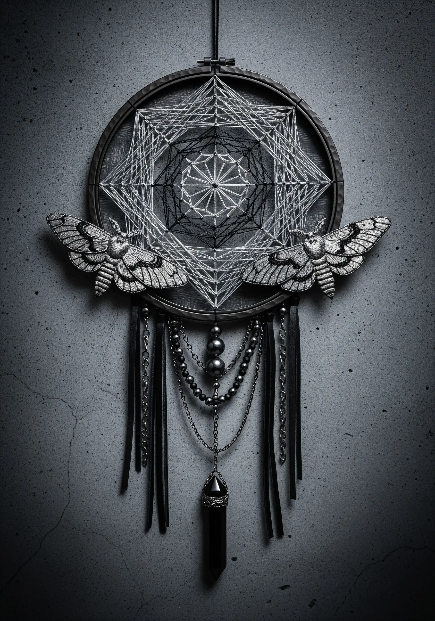 Gothic dreamcatcher with embroidered moths, black chains, and a dark crystal pendant.