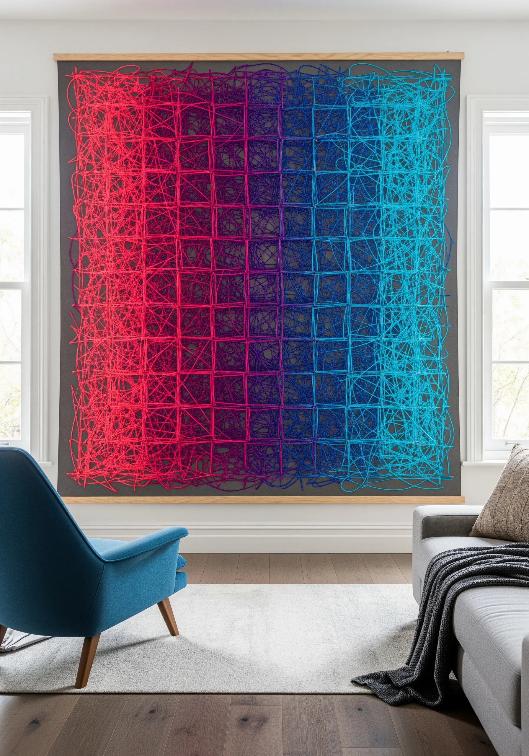 Large scale gradient embroidery with blue and pink mesh texture