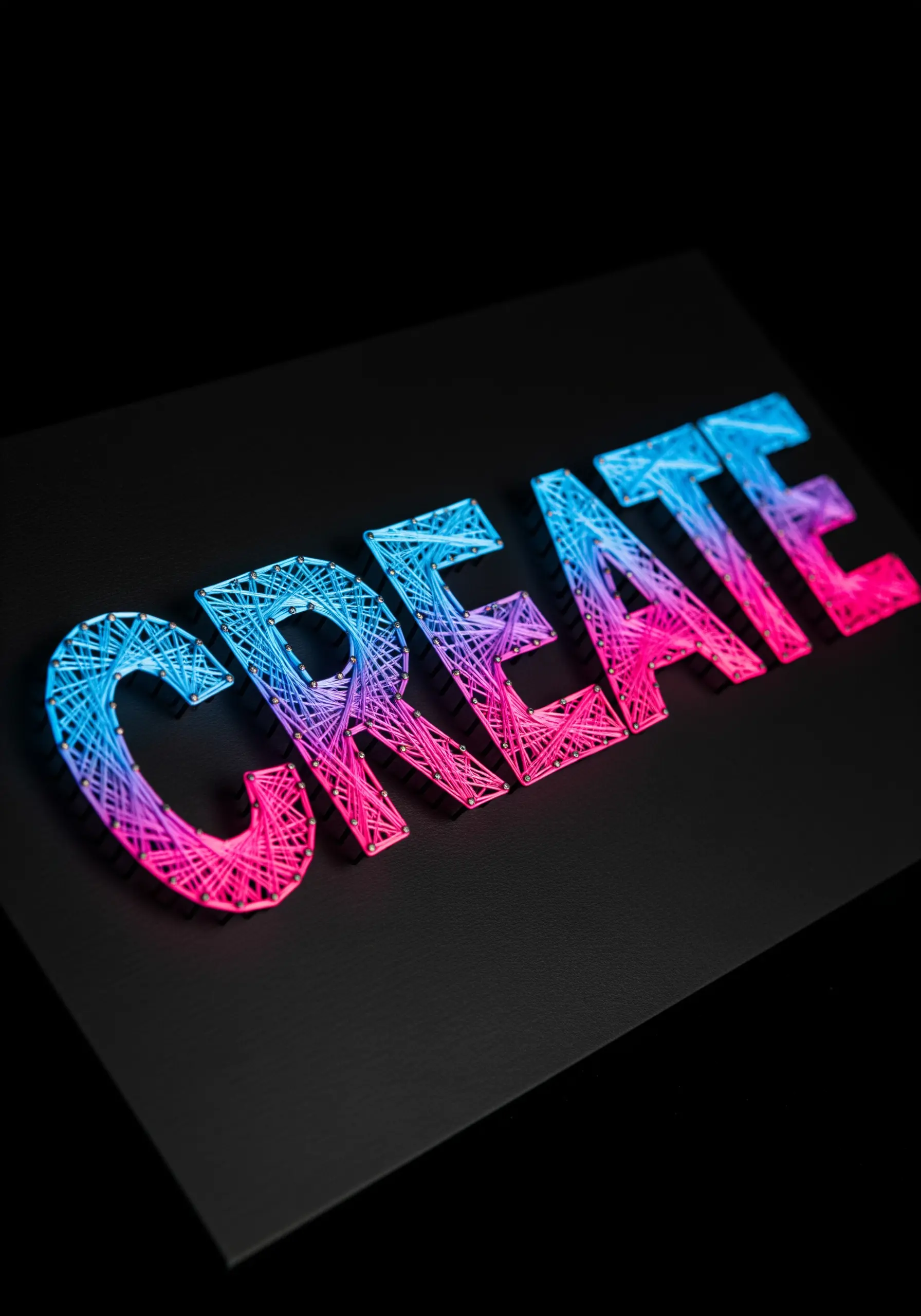 Gradient blue to pink string art typography on a black background