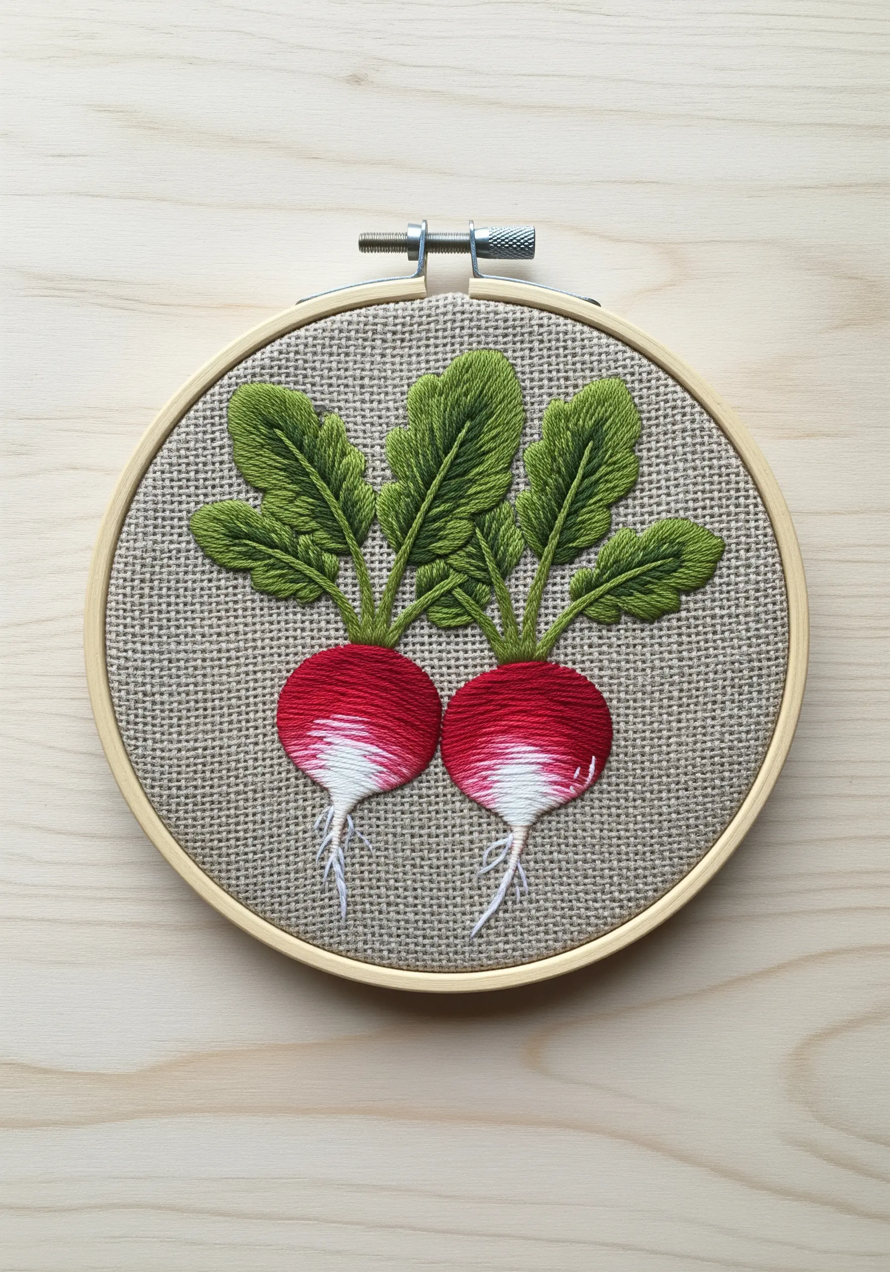 Radish embroidery featuring color gradients and textured leaves
