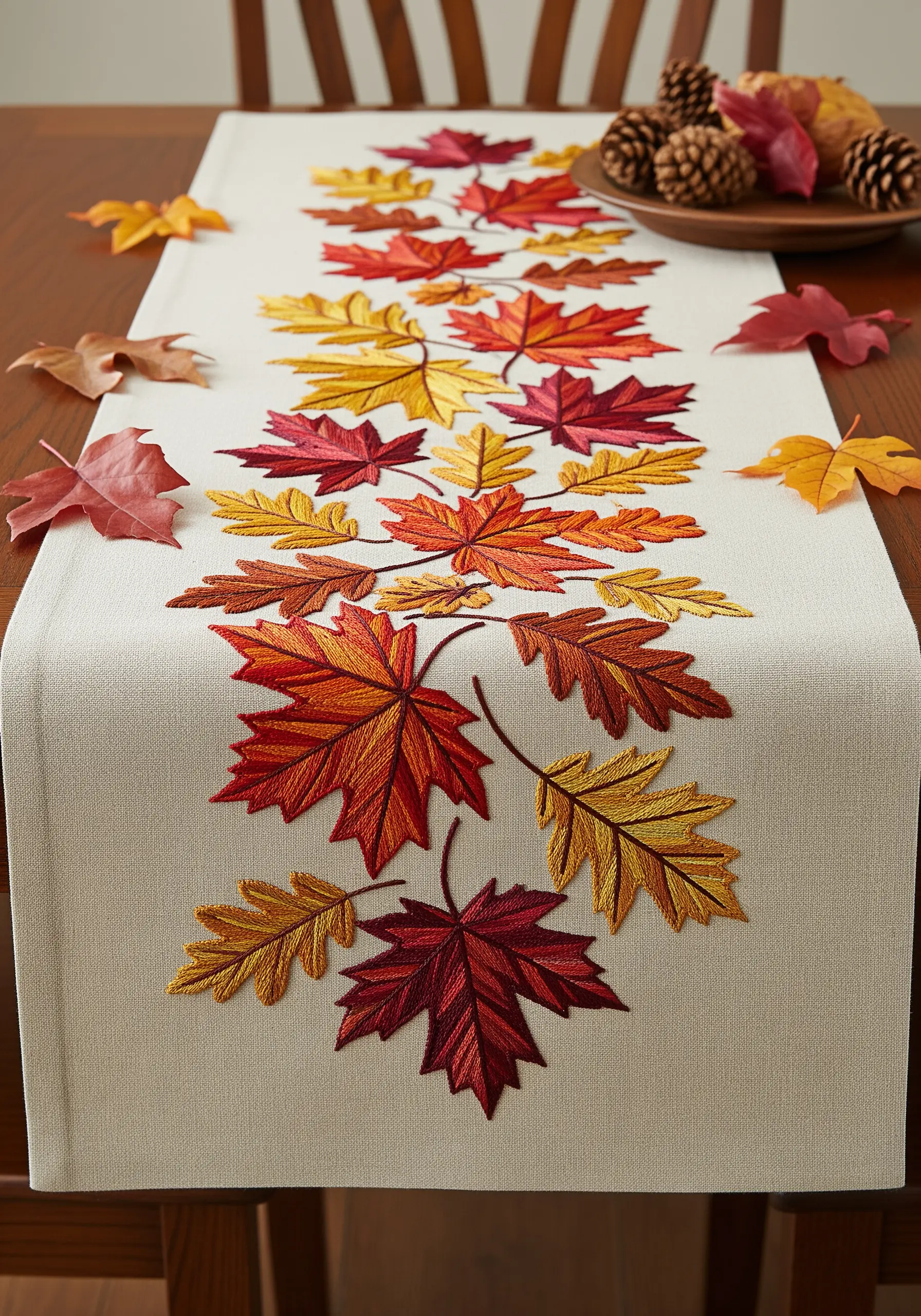 Embroidered table runner with satin-stitched autumn leaves in red, orange, and yellow.