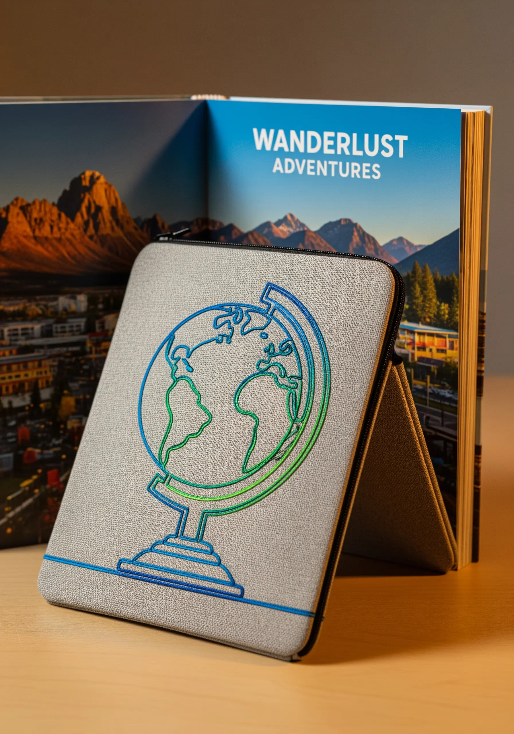 Globe on a stand embroidered with blue-green gradient thread