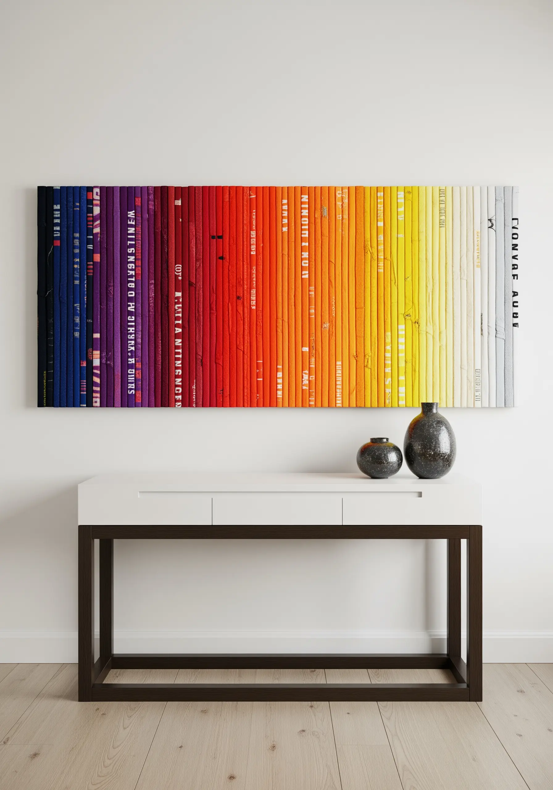 A long, horizontal wall art piece showing a vibrant color gradient made from fabric spines.