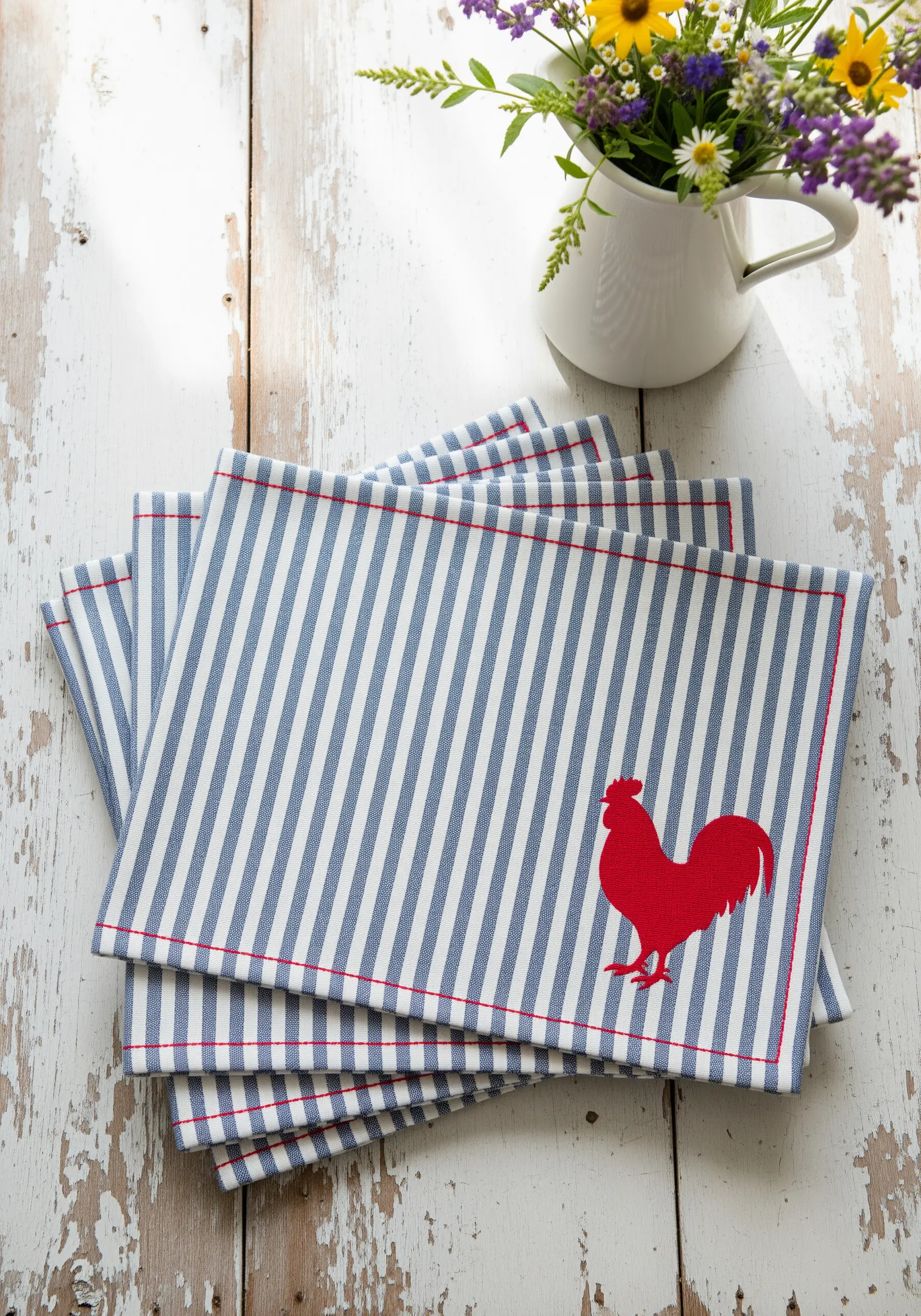 Striped placemats with a bold red rooster appliqué stitched on with a red border.