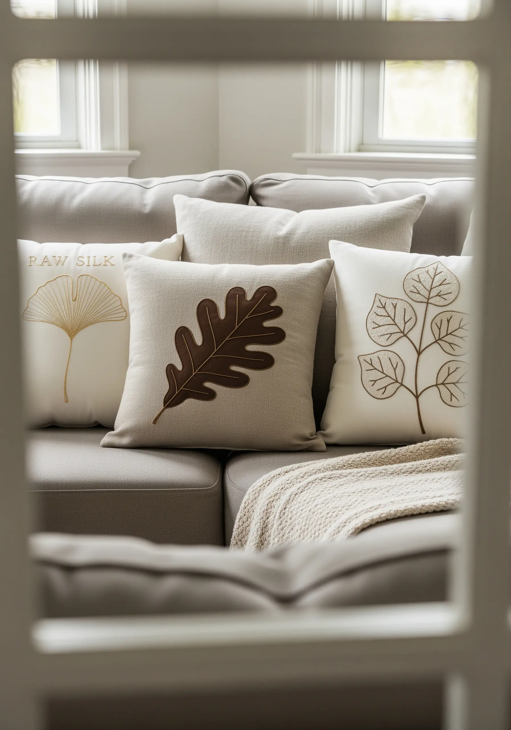 A collection of pillows with appliqué and embroidered leaf motifs in neutral tones.