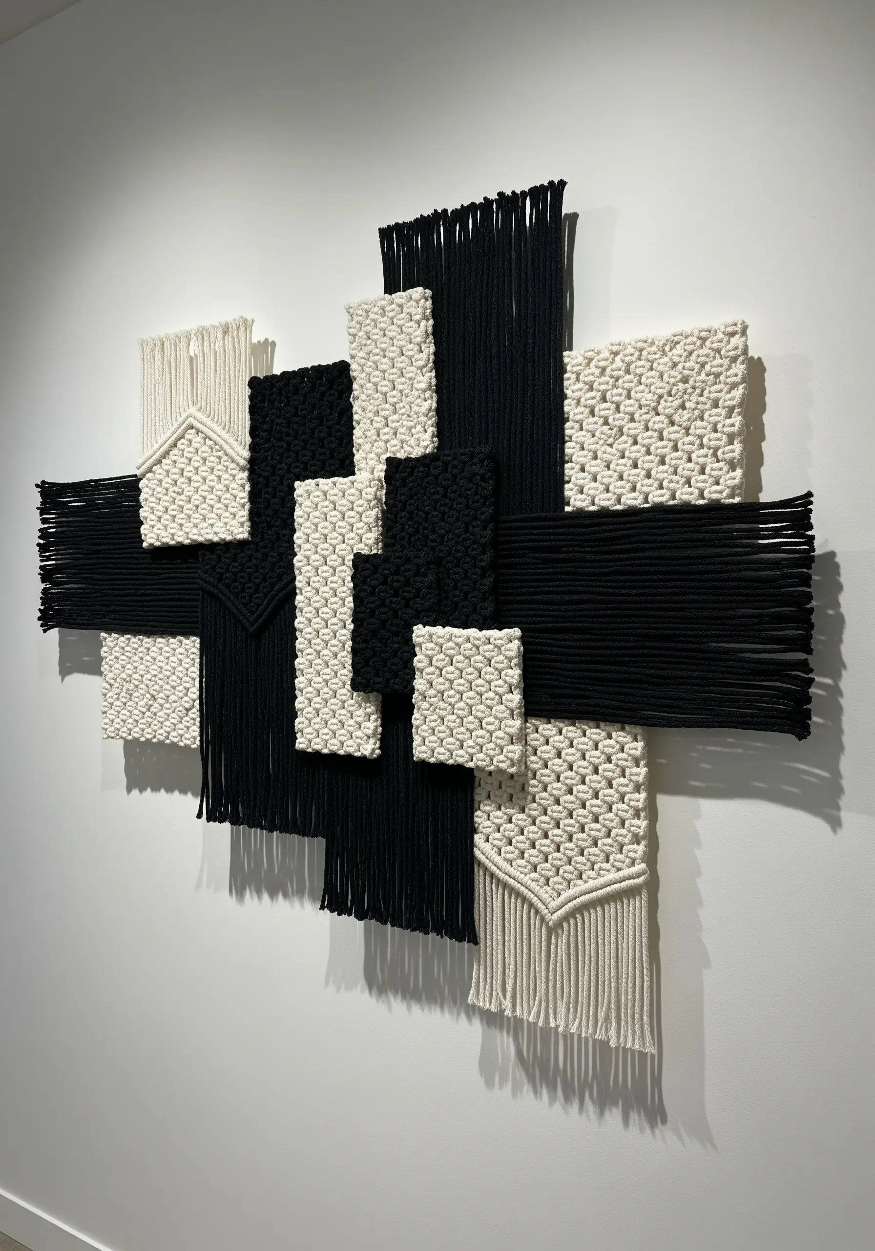 A high-contrast wall sculpture made of interlocking panels of black and white macrame.