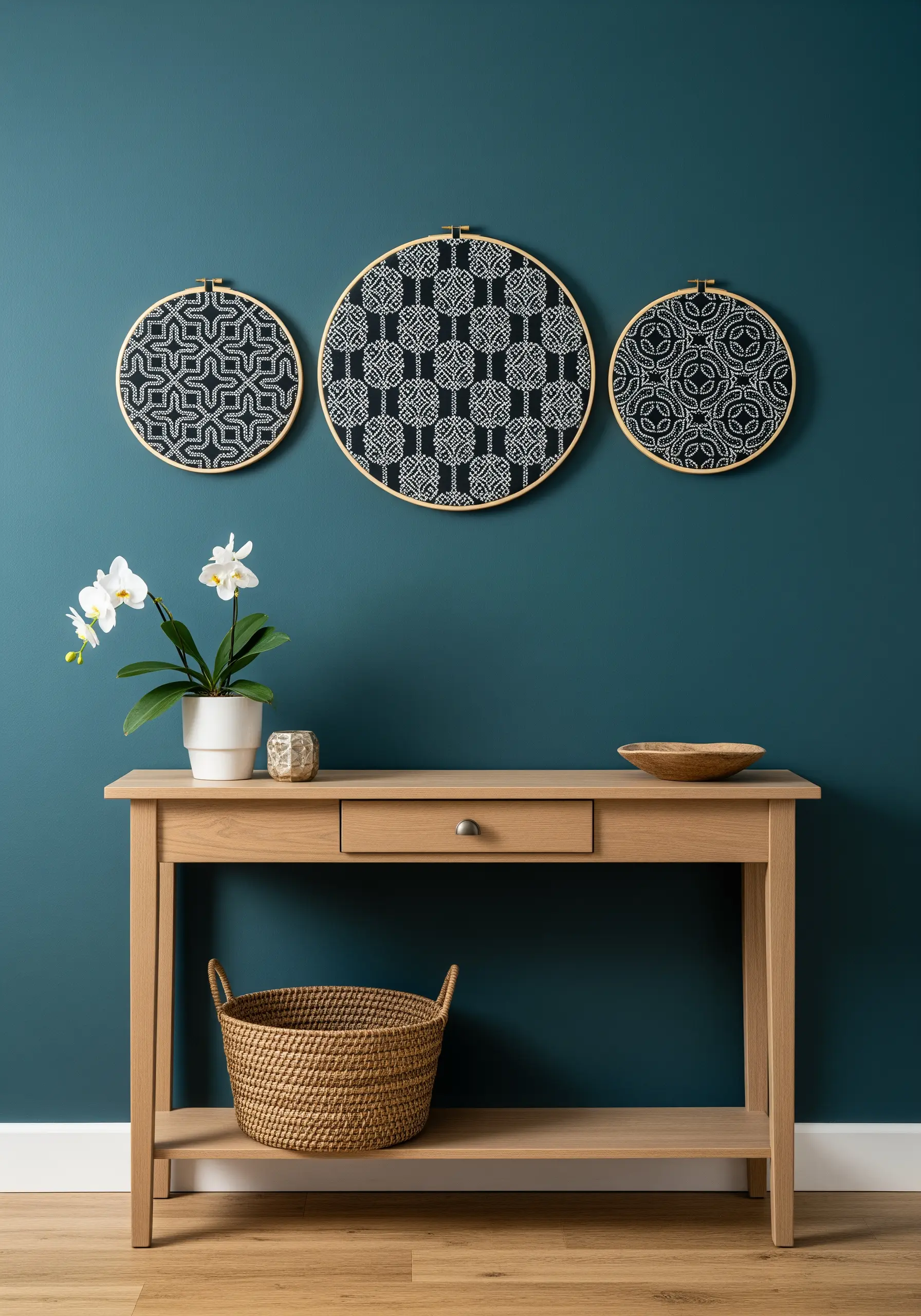 Three embroidery hoops on a teal wall with intricate black and white geometric patterns.