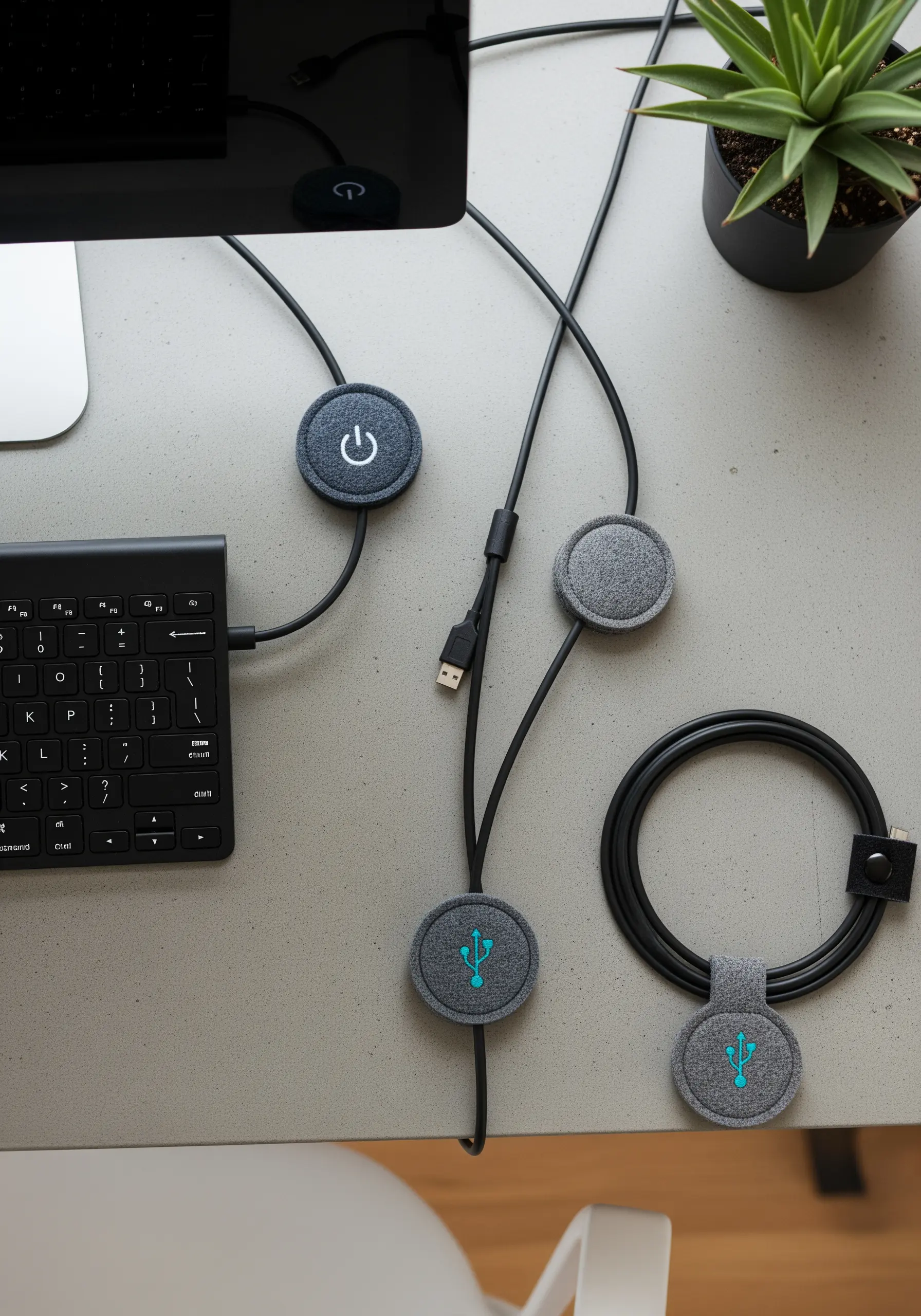 Small grey felt cable organizers with bright turquoise embroidered power icons.