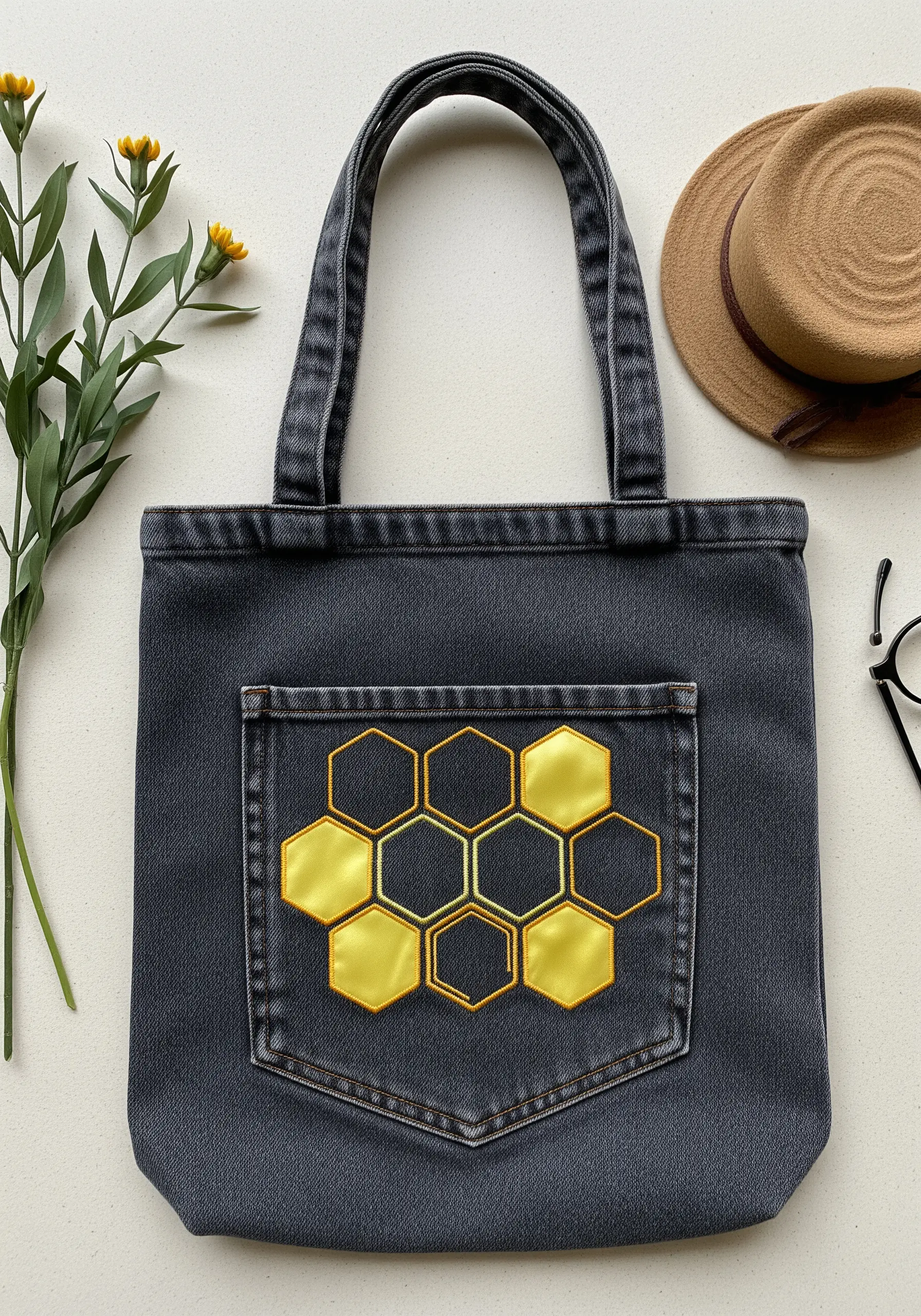 A honeycomb pattern with filled and outlined hexagons on a denim pocket.