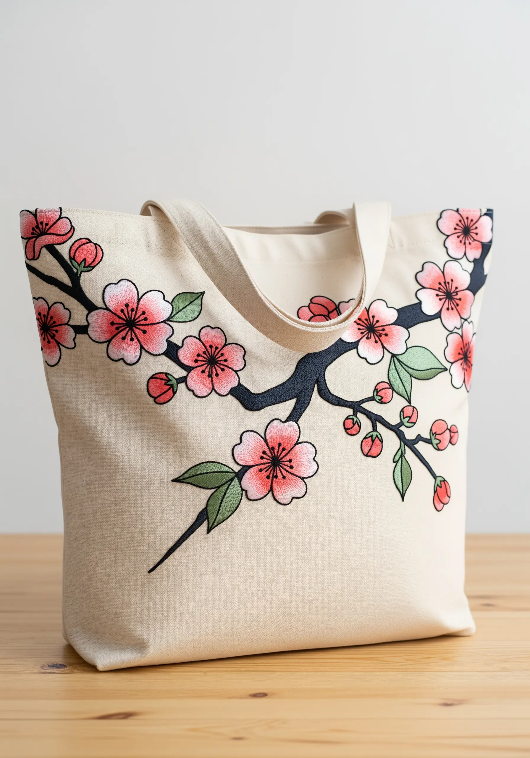 Graphic-style cherry blossom embroidery with bold black outlines on a canvas tote bag.