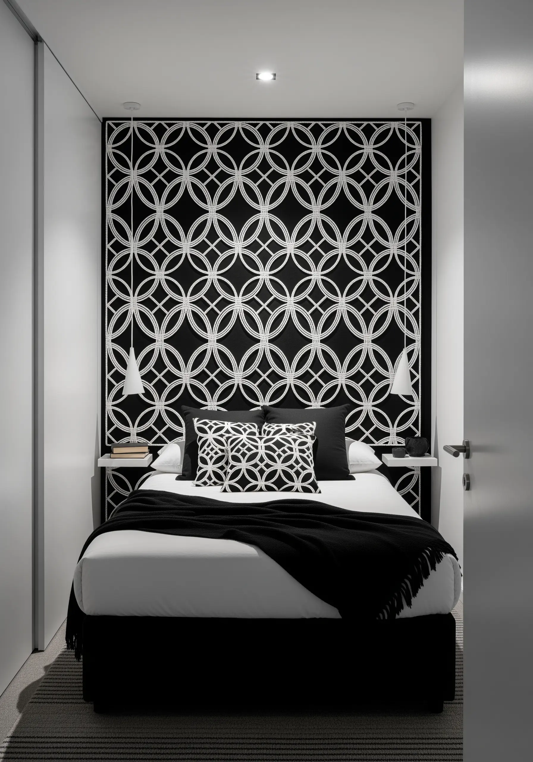A bold black and white geometric pattern embroidered on a headboard in a compact bedroom.