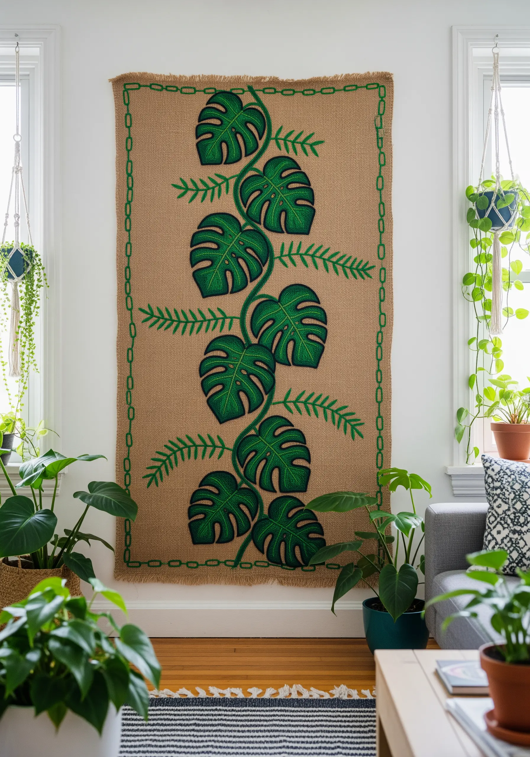 A large burlap wall hanging embroidered with a bold green monstera vine design.