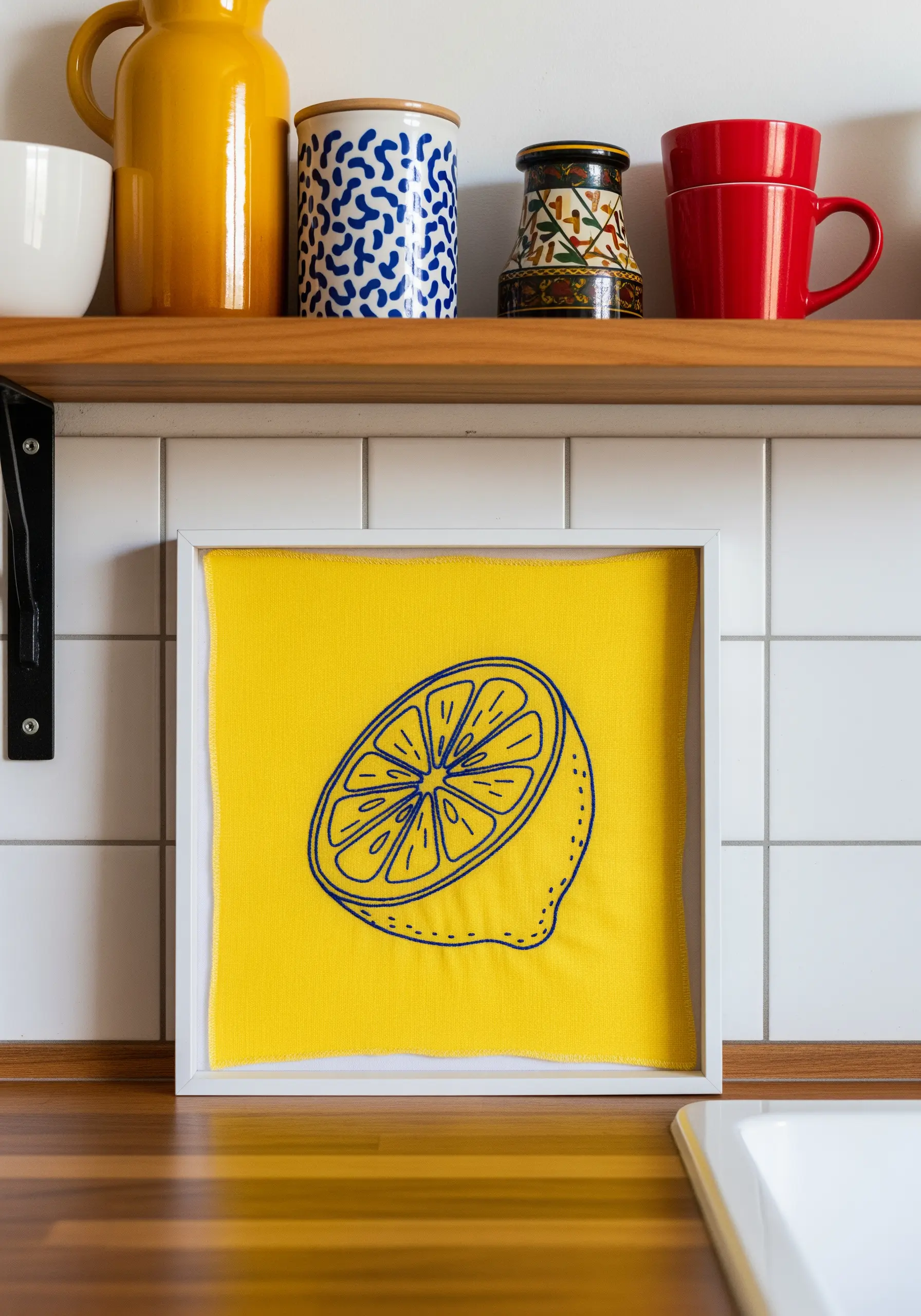 A lemon slice with a thick navy blue outline stitched onto a bright yellow piece of fabric.