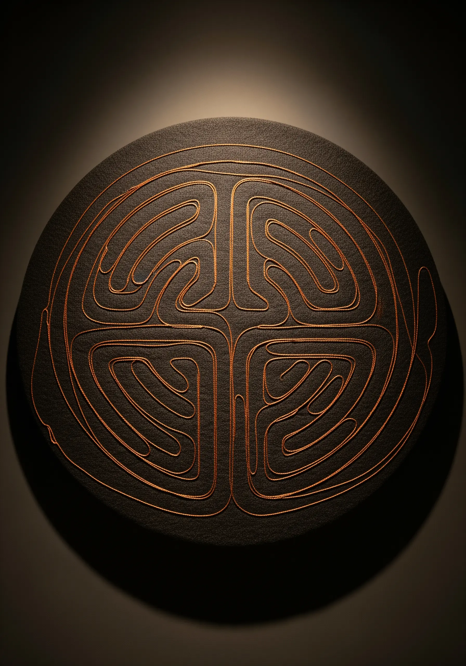 A circular, maze-like pattern embroidered with thick copper cord on black fabric.