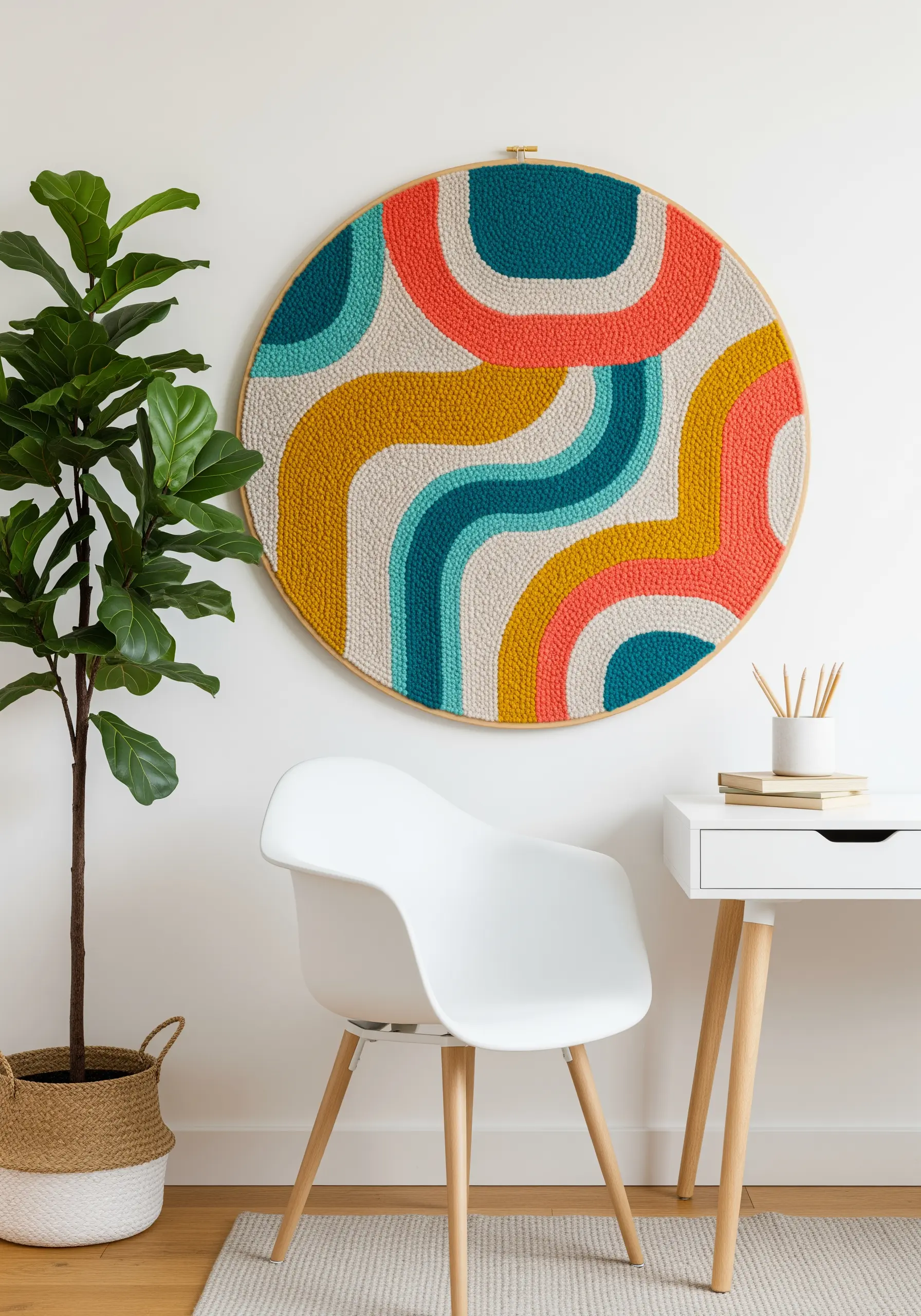 A large round punch needle piece with abstract, colorful curves in teal, coral, and mustard yellow.