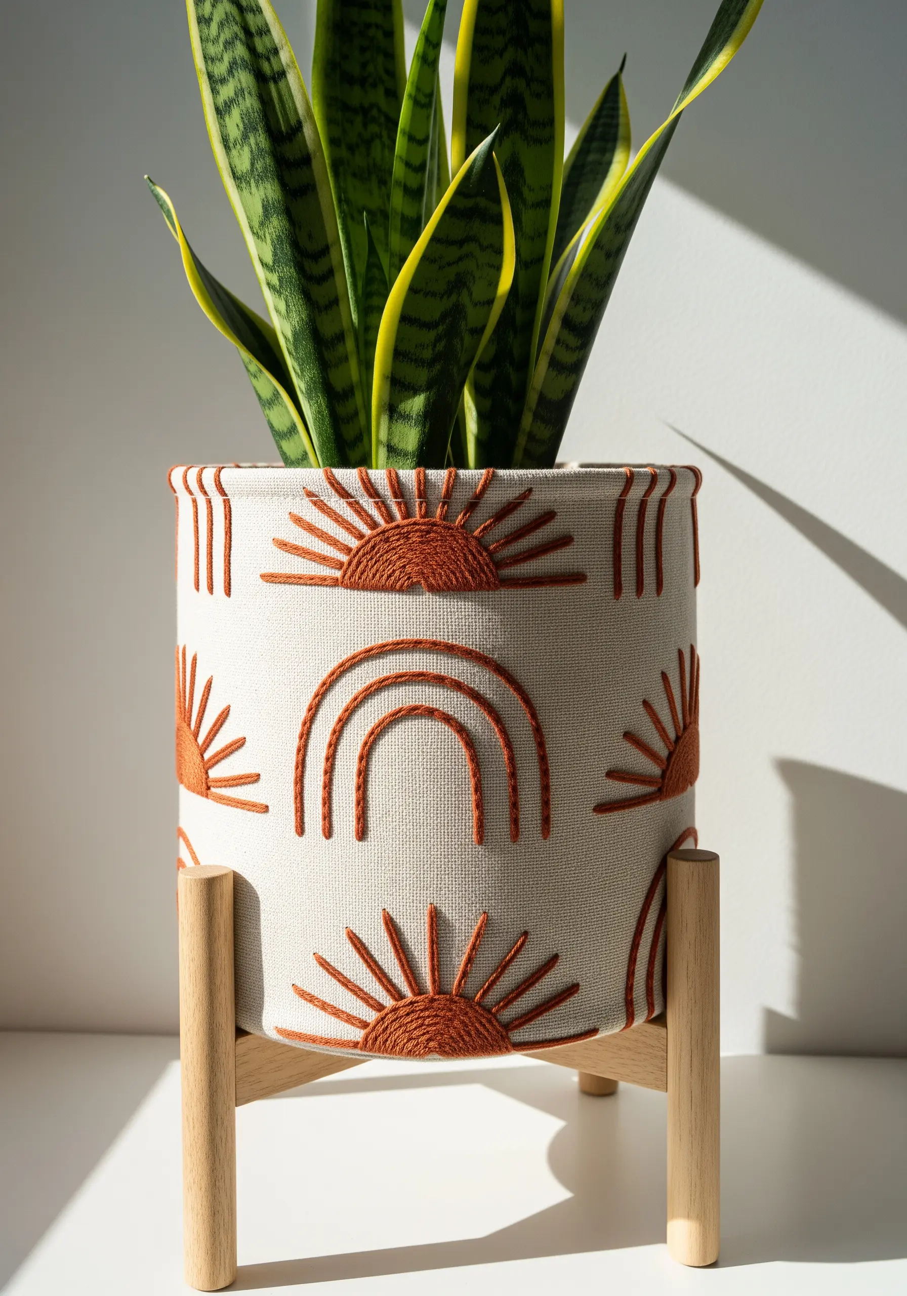 A fabric plant pot cover with embroidered terracotta-colored sun and rainbow motifs.