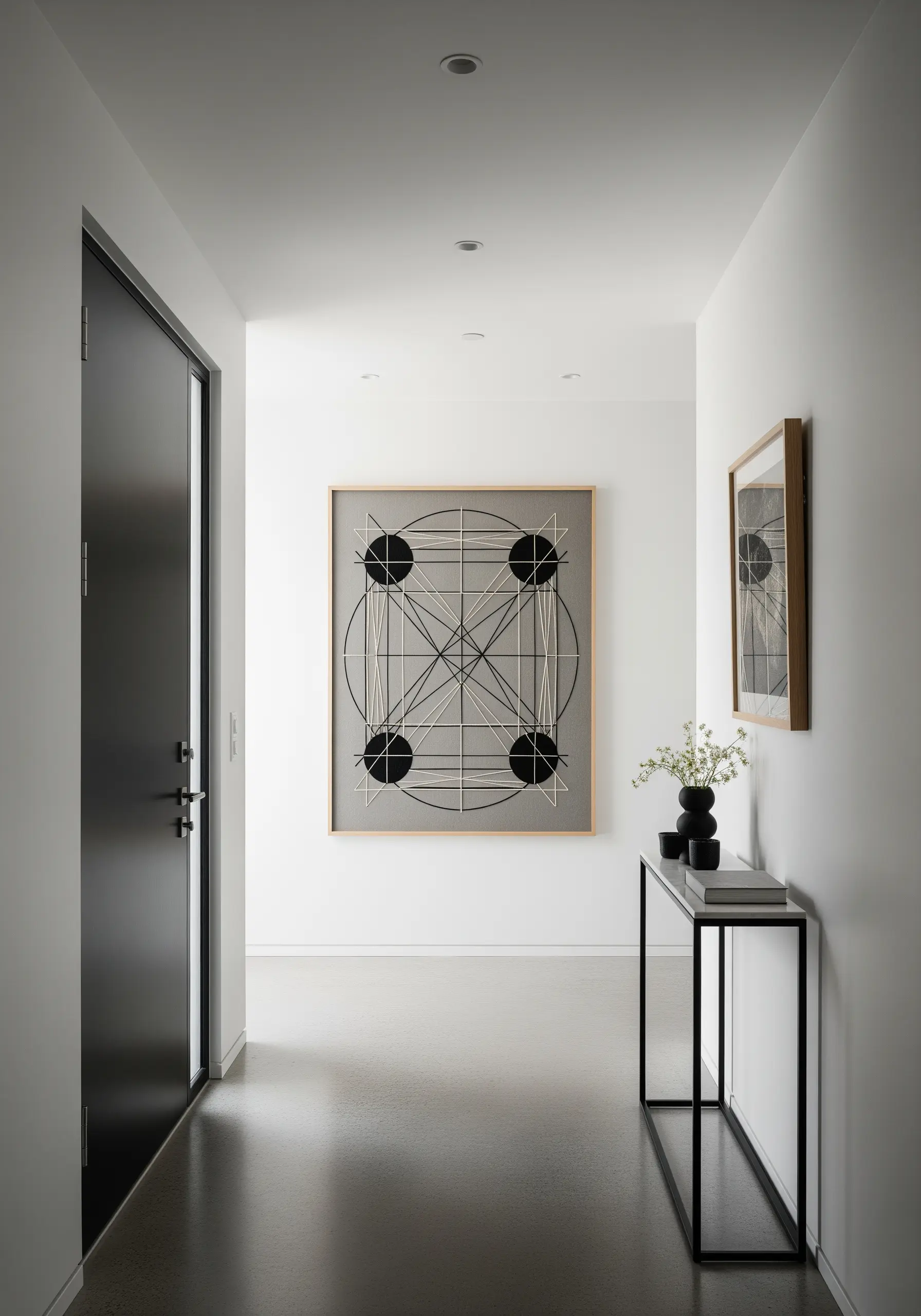 Geometric string art and embroidery combo with black circles and intersecting white lines.